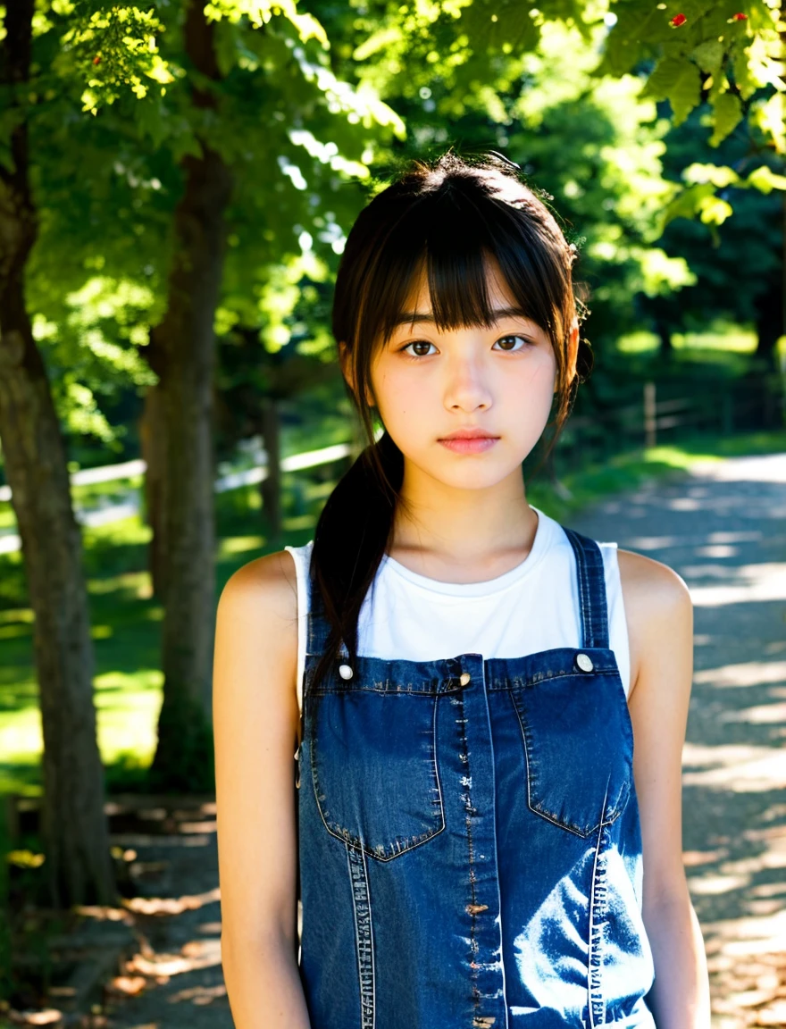 Japanese、Beautiful girl wearing a colored sleeveless T-shirt、denim ummer countryside、14 years old、shade of a tree、With bangs、Spinning、