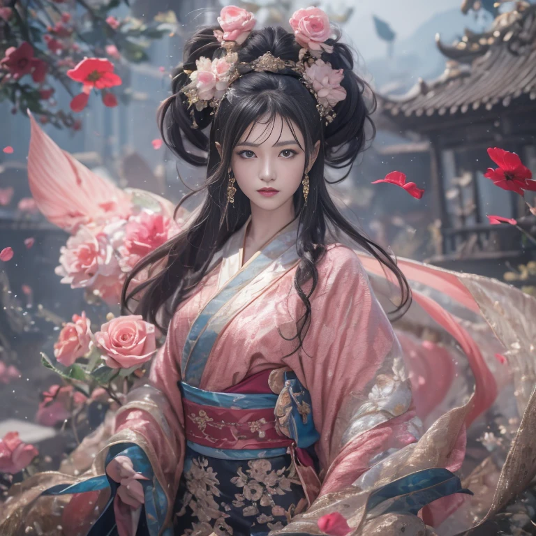 8K,vLong flowing black hair, ponds, zydink, a color, Aozhou people (Concubine girl),(Silk scarf), Combat posture, looking at the ground, Floating hair, Carp pattern headdress, Chinese long-sleeved clothing, (abstract ink splash:1.2), Pink petal background,Pink and white roses fly(realisticlying:1.4),Black color hair,Fallen roses flutter,The background is pure, A high resolution, the detail, RAW photography, Sharp Re, Nikon D850 Film Stock Photo by Jefferies Lee 4 Kodak Portra 400 Camera F1.6 shots, Rich colors, ultra-realistic vivid textures, Dramatic lighting, Unreal Engine Art Station Trend, Long flowing black hair