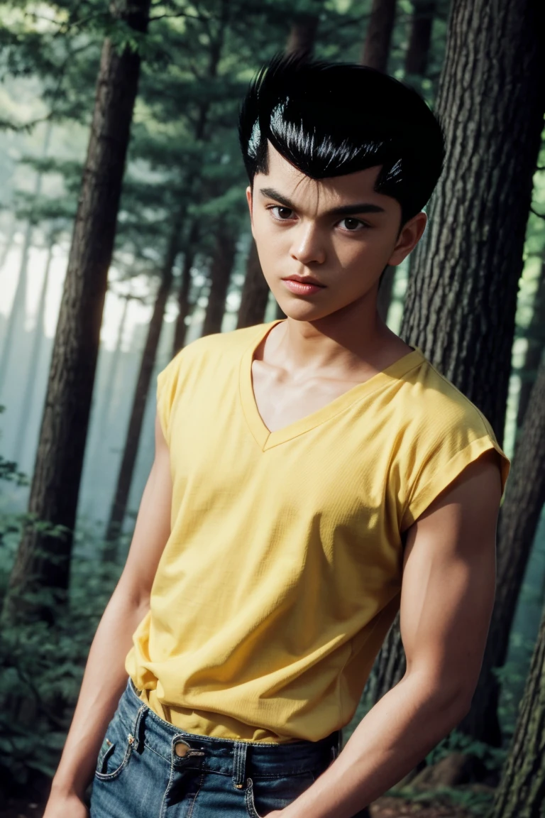 masterpiece, best quality, 1boy, yusukeurameshi, 1boy, black hair, brown eyes, yellow t-shirt, looking at viewer, forest background