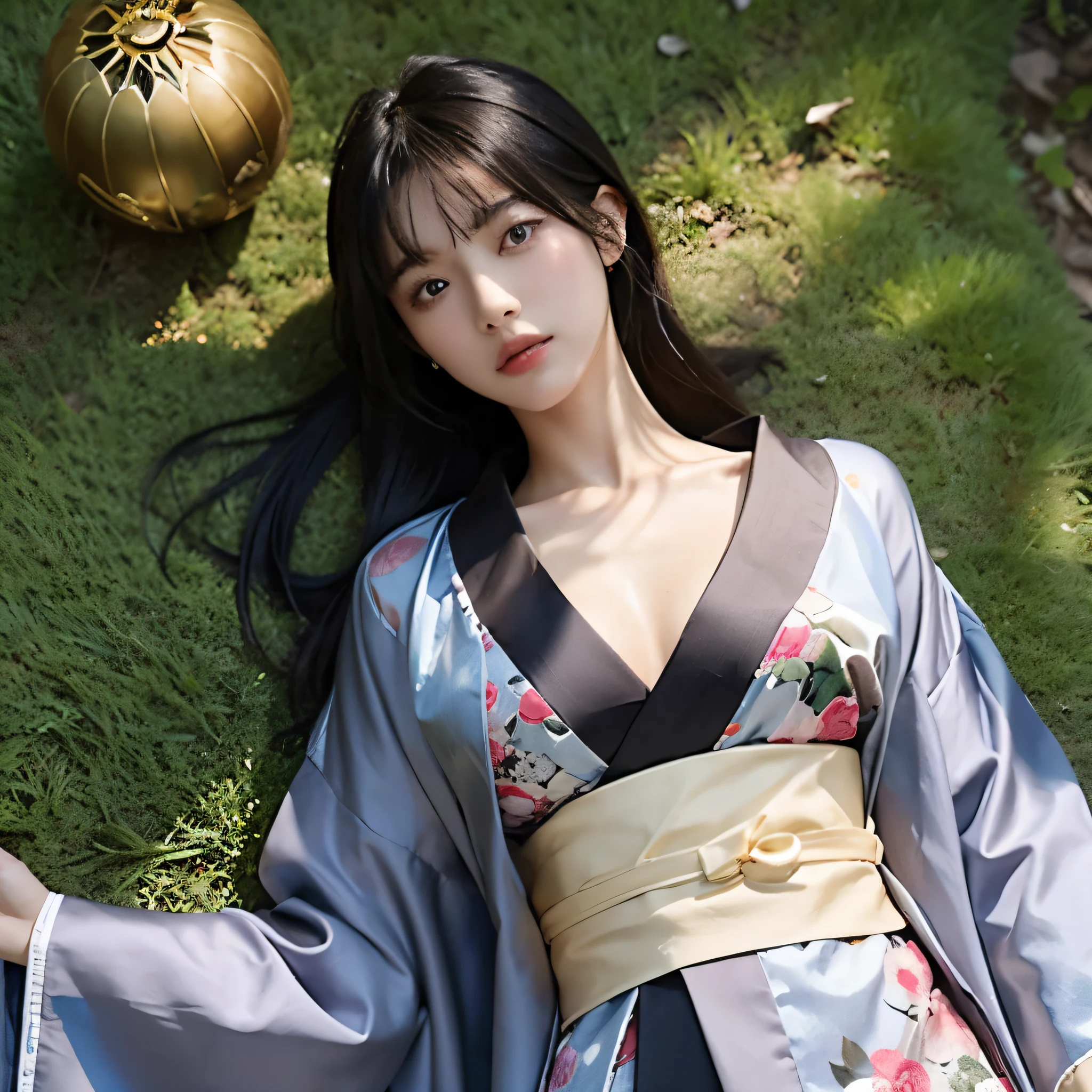 20 year old girl, Slim, black long hair, Hair loose, bangs on the head, Brown eyes, looks straight ahead;,medium breasts,perfect breasts, colored kimono,ornament, ornament на кимоно, lying on his back on the grass, Head on the grass,Top-down perspective,Beautiful picture,
