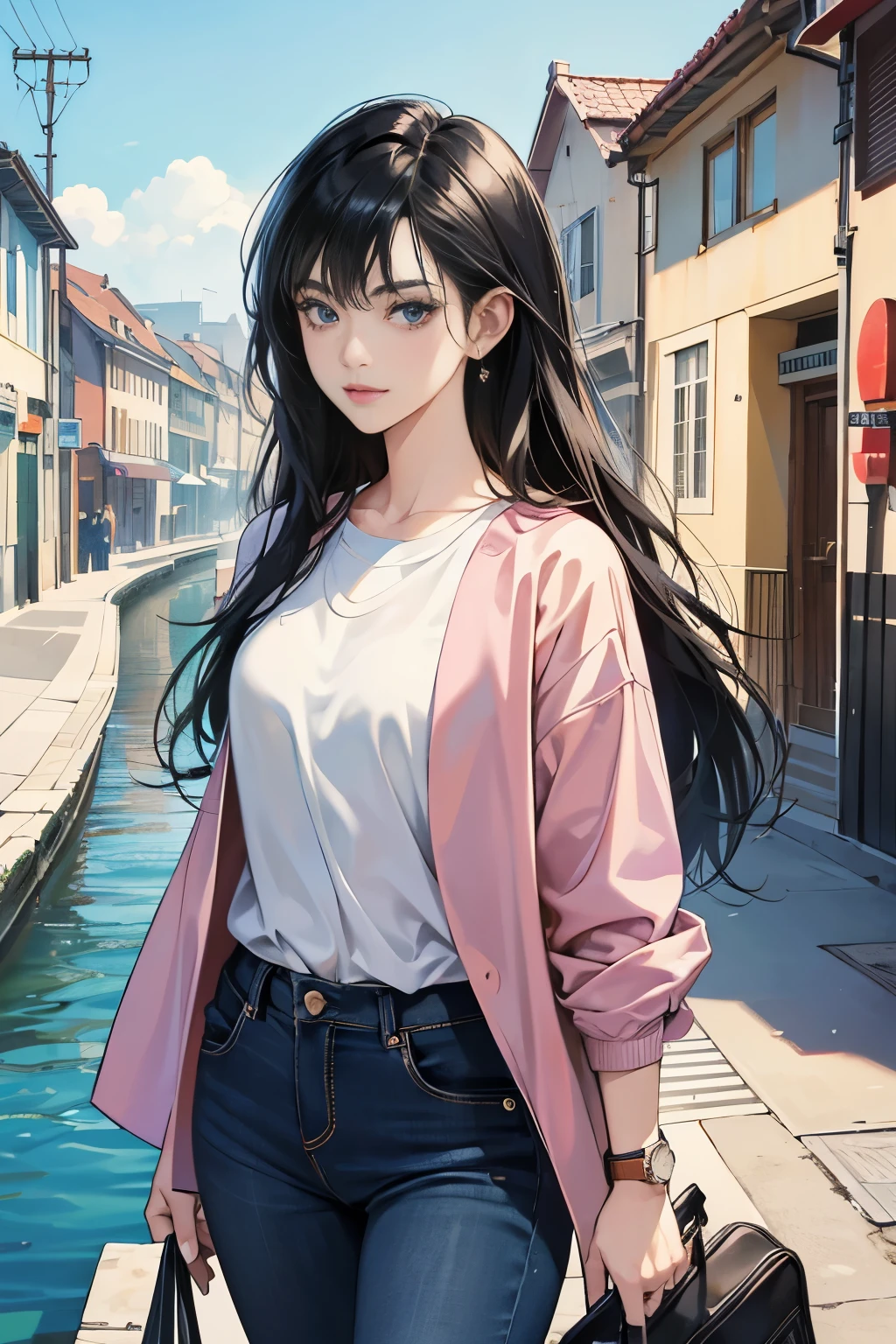 very colorful, pop feel, summer image, beautiful woman with long black hair, Around 25 years old, seaside, wearing a blue blouson, black jeans, perfect tall model body,mysterious, cool beauty, it will happen, A stylish town in the south of France, Sparkling summer memories, Anime drawing by Yang J, Trending at Art Station, realism, extremely detailed germ of art, Realistic anime 3D style, anime style 4 k, up to the model | germ of art, anime style. 8K, casual clothes, realistic anime art style, style germ of art, sharp outline, highest quality, perfect angle, perfect composition, The perfect subject, best shot, official art,CD jacket, 80s city pop, fashionable,very stylish