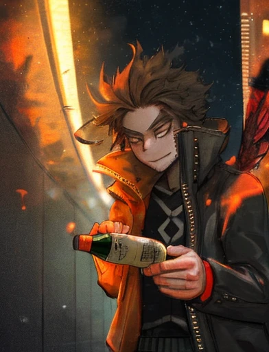 hawk,bottle of wine,drunk man,night scene,street light,blurred background,detailed feathers,expressive eyes,loose clothing,mischievous smile,anime style,rich colors,vibrant atmosphere,strong lighting,urban setting,late night,shadowy figures,neon signs,smoke,lively city,bokeh lights,energetic strokes,brushstrokes,emotional intensity,playful composition,street art influences,realistic portrayal,contrast between light and dark,1 drunk man holding a bottle of wine,2 hawks flying in the night sky,expressive body language,mysterious atmosphere