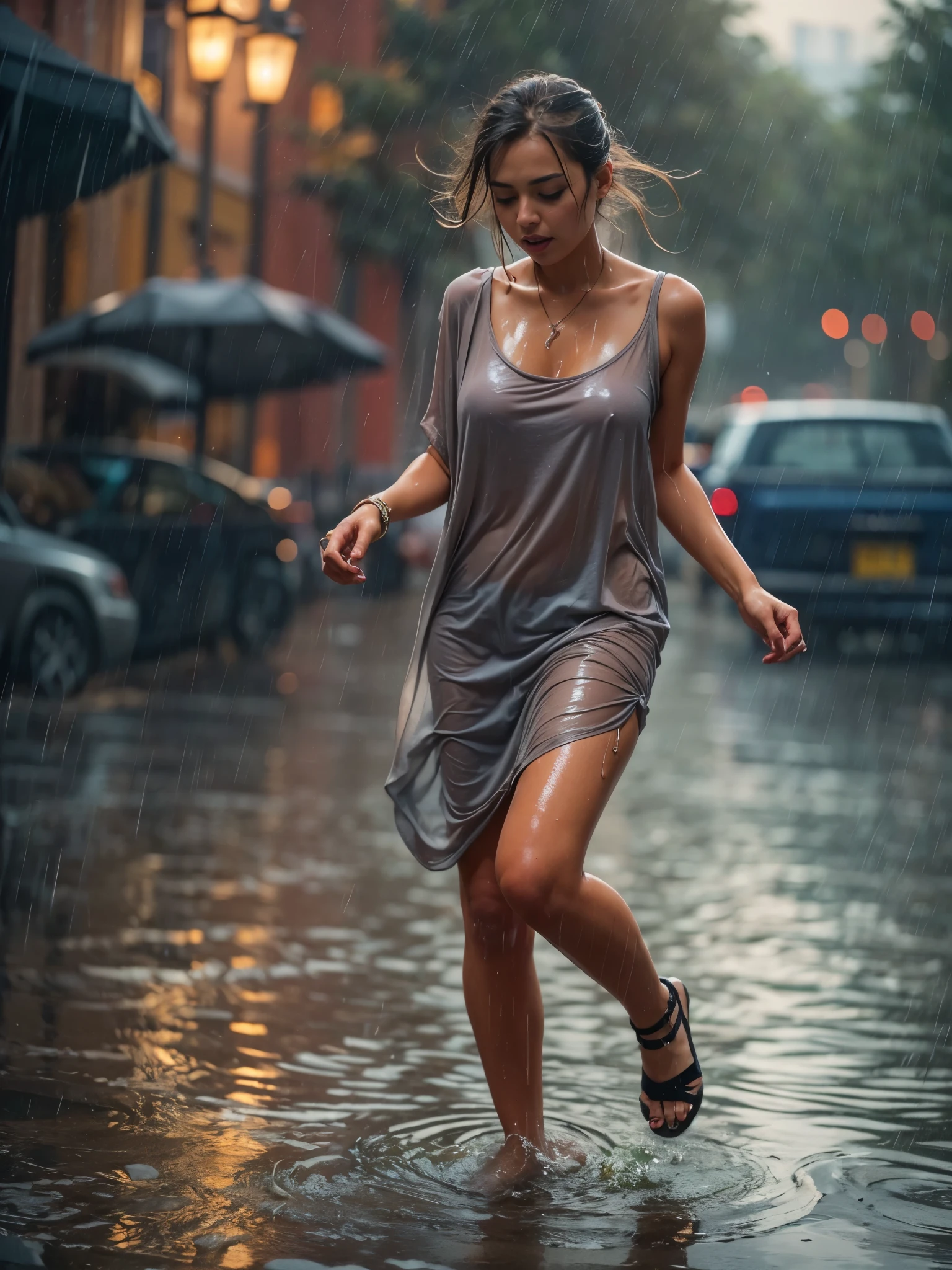 Best Quality, Masterpiece, Ultra High Resolution, (Realism: 1.4), Original Photo, 1Girl, wearing a wet t-shirt dress in the rain, carefree, dancing, wet clothes, clinging