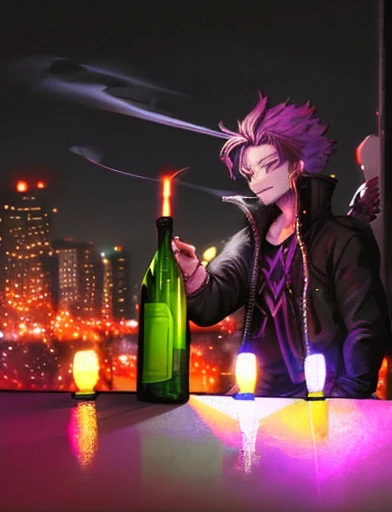 hawk,bottle of wine,drunk man,night scene,street light,blurred background,detailed feathers,expressive eyes,loose clothing,mischievous smile,anime style,rich colors,vibrant atmosphere,strong lighting,urban setting,late night,shadowy figures,neon signs,smoke,lively city,bokeh lights,energetic strokes,brushstrokes,emotional intensity,playful composition,street art influences,realistic portrayal,contrast between light and dark,1 drunk man holding a bottle of wine,2 hawks flying in the night sky,expressive body language,mysterious atmosphere