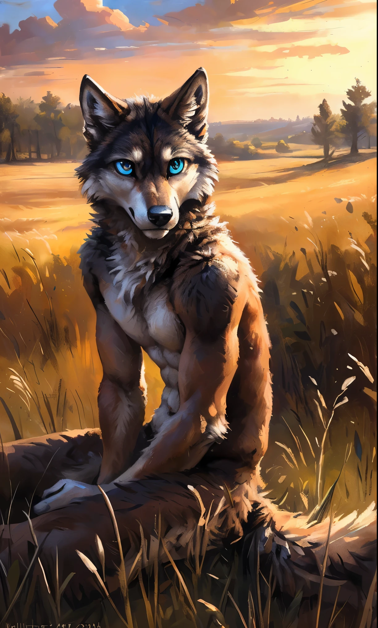 ((Solo)), male people, anthro wolf, (Multi-colored fur, White-brown:1.3,White tail pointed), (Height 2.1m,Tail length 1.5m), ((Wolf face, Big eyes, White eyelids, Blue pupil, Slim:1.2) (Tough, Calm expression:1.2)), Abs, Slim, pinging)), (Correct anatomy), Naked all over the body,A long big tail,Feet,(Realistic fur, Detailed fur texture, labeled:1.3)), (Natural lighting), Photorealistic, Hyperrealistic, ultradetailed, by Kenket,Field,No artifacts