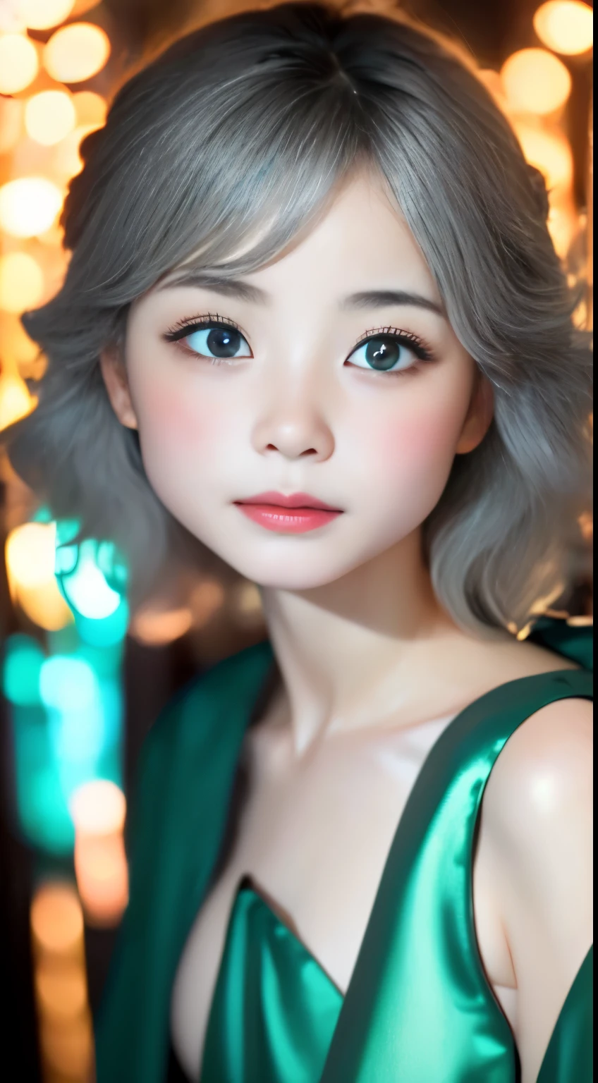 1 girl, white skin、Caucasoid、very cute face、small nose、plump lips、An ennui look、night, dark, ((ash gray hair)),(Detailed gray eyes)、red tunic,National costume, Upper body,Perfect good looks, ((blurred background))、((black background)),((shining turquoise light))、,cinematic lighting,professional photographer,random pose、50ｍｍlens