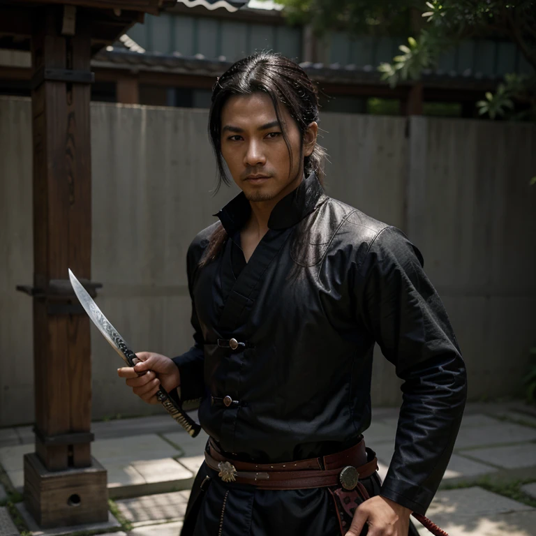 I want to create a male character with a black oriental Asian costume similar to that of the samurai, con un tono oscuro, y que sostiene una katana en su mano derecha con las iniciales KS en ella.