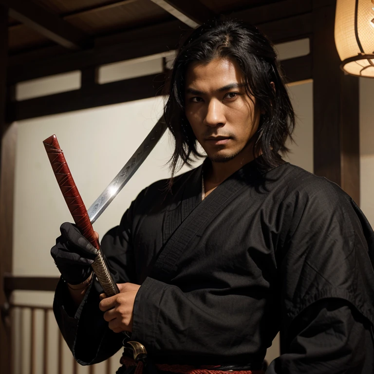 I want to create a male character with a black oriental Asian costume similar to that of the samurai, con un tono oscuro, y que sostiene una katana en su mano derecha con las iniciales KS en ella.