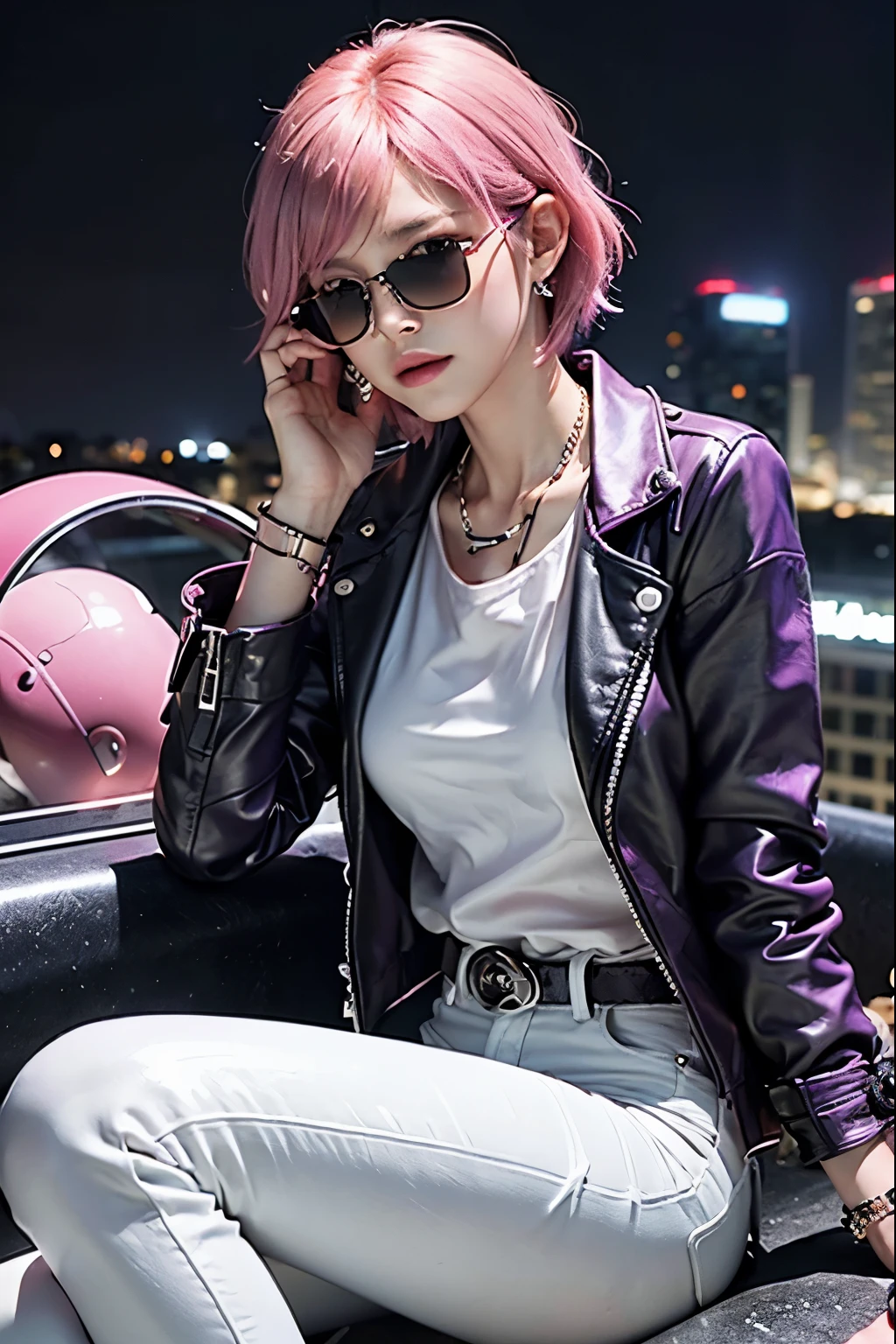 (8K, top-quality, masterpiece:1,2), (reallistic, Photorealsitic:1.37), Super Detail, One girl,), (Highly detailed), (beautifully detailed eyes), (of the highest quality), (super detailed ), (masterpiece), (Detailed face),20yr old, ,1 girl, ((pink hair,Very short hair)), medium breasts, clothed, Perfect Lighting, BREAK (spy theme:1.3), (purple leather jacket with gloss:1.4), (white silk blouse with gloss:1.4), (red skinny jeans with gloss:1.4), (tight and smart silhouette:1.3), (functional details:1.2), (black high heel boots:1.2), (sunglasses:1.2), (earrings:1.2), (necklace:1.2), (watch:1.2), (belt:1.2), BREAK pink very short hair, messy hair, earrings, cool and sexy expression, sunglasses, thin smile, right hand holding gun, left hand looking at watch, watch with laser and bomb functions, gun with smoke, backpack with parachute and wire tools, rooftop of skyscraper, night view, helicopter approaching, helicopter with enemy mark, enemy chasing, moonlight and neon light, light with dark colors, purple and red, mysterious atmosphere, high contrast of light and shadow
