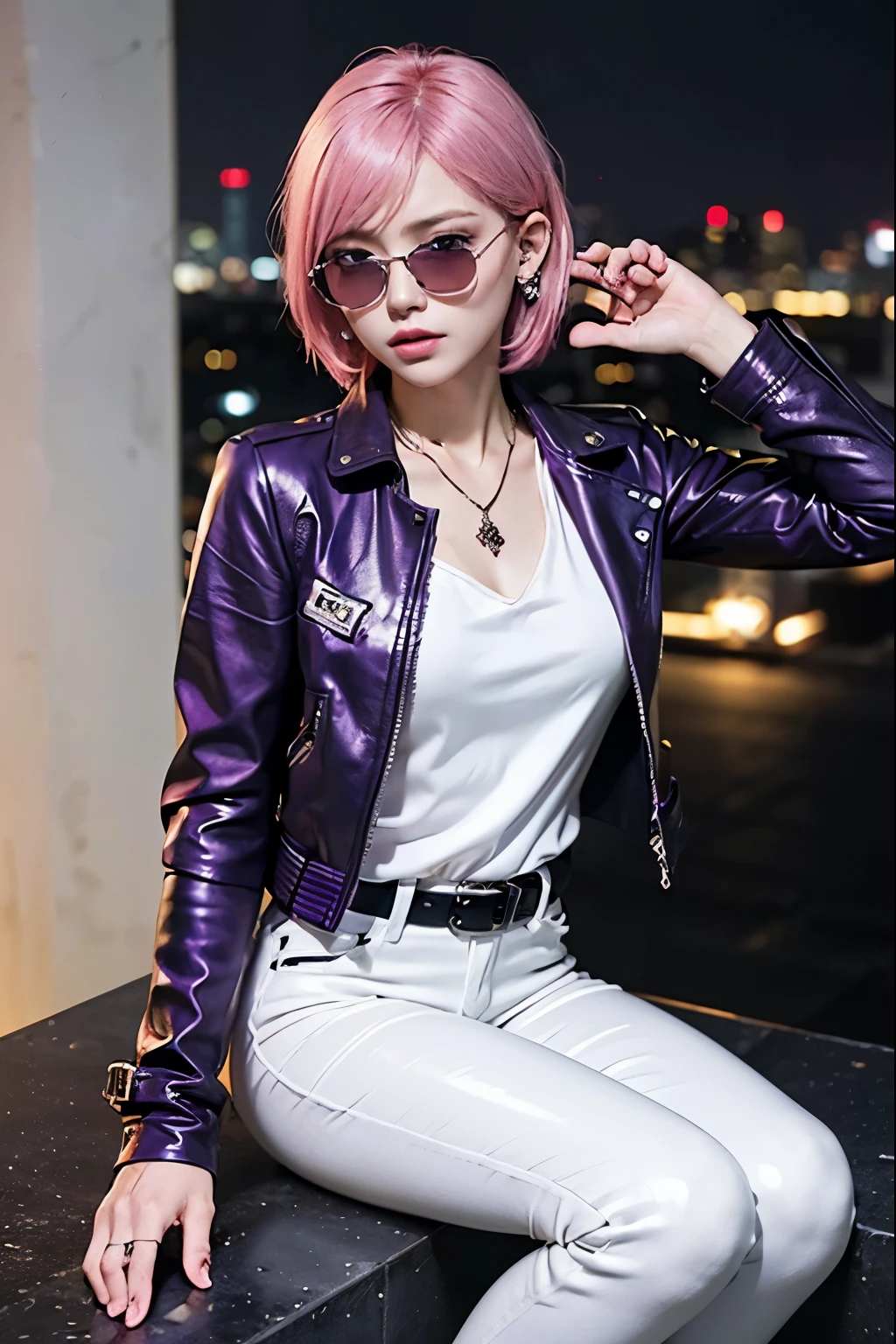 (8K, top-quality, masterpiece:1,2), (reallistic, Photorealsitic:1.37), Super Detail, One girl,), (Highly detailed), (beautifully detailed eyes), (of the highest quality), (super detailed ), (masterpiece), (Detailed face),20yr old, ,1 girl, ((pink hair,Very short hair)), medium breasts, clothed, Perfect Lighting, BREAK (spy theme:1.3), (purple leather jacket with gloss:1.4), (white silk blouse with gloss:1.4), (red skinny jeans with gloss:1.4), (tight and smart silhouette:1.3), (functional details:1.2), (black high heel boots:1.2), (sunglasses:1.2), (earrings:1.2), (necklace:1.2), (watch:1.2), (belt:1.2), BREAK pink very short hair, messy hair, earrings, cool and sexy expression, thin smile, right hand holding gun, left hand looking at watch, watch with laser and bomb functions, gun with smoke, backpack with parachute and wire tools, rooftop of skyscraper, night view, helicopter approaching, helicopter with enemy mark, enemy chasing, moonlight and neon light, light with dark colors, purple and red, mysterious atmosphere, high contrast of light and shadow