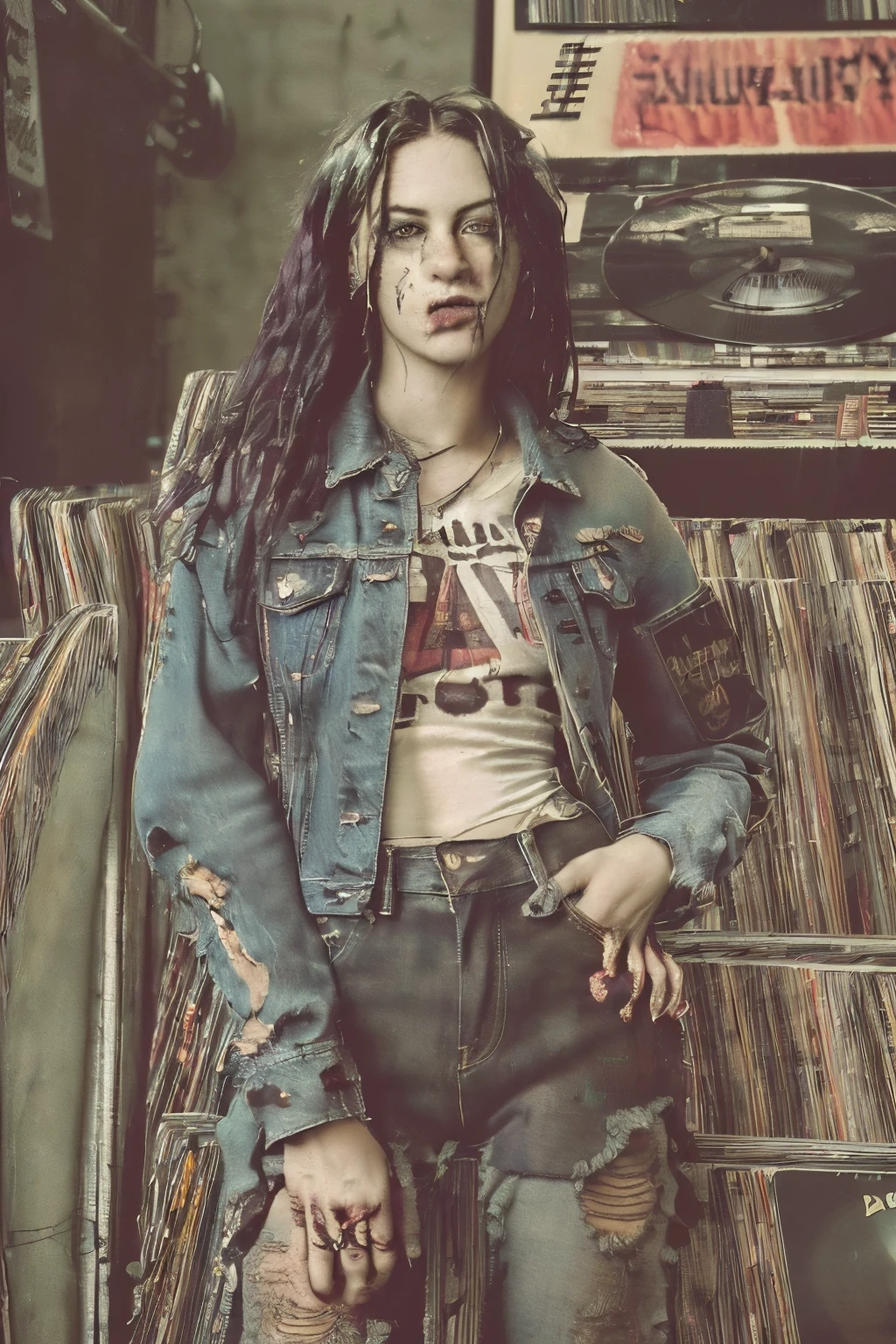 American Mall Photos from 1995: A captivating close-up detail of young women amongst the grunge crowd inside a record store. (((Best quality, High resolution, Grunge atmosphere, Sharp focus, 50mm lens, f/1.8, authentic 90s ambiance :1.5)), ((distressed denim jacket, band t-shirt, flowy skirts :1.2)), ((grunge hairstyles, plaid shirts, ripped jeans :1.2)), ((record store background:1.4)), (((Detailed facial features, individuality, raw emotions, showcasing the spirit of the grunge subculture:1.2))),