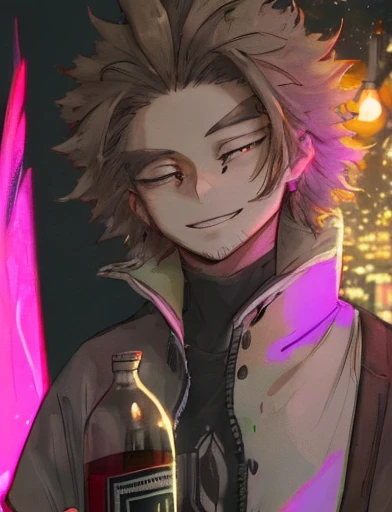 hawk,bottle of wine,drunk man,night scene,street light,blurred background,detailed feathers,expressive eyes,loose clothing,mischievous smile,anime style,rich colors,vibrant atmosphere,strong lighting,urban setting,late night,shadowy figures,neon signs,smoke,lively city,bokeh lights,energetic strokes,brushstrokes,emotional intensity,playful composition,street art influences,realistic portrayal,contrast between light and dark,1 drunk man holding a bottle of wine,2 hawks flying in the night sky,expressive body language,mysterious atmosphere