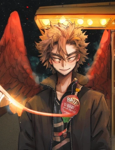 hawk,bottle of wine,drunk man,night scene,street light,blurred background,detailed feathers,expressive eyes,loose clothing,mischievous smile,anime style,rich colors,vibrant atmosphere,strong lighting,urban setting,late night,shadowy figures,neon signs,smoke,lively city,bokeh lights,energetic strokes,brushstrokes,emotional intensity,playful composition,street art influences,realistic portrayal,contrast between light and dark,1 drunk man holding a bottle of wine,2 hawks flying in the night sky,expressive body language,mysterious atmosphere