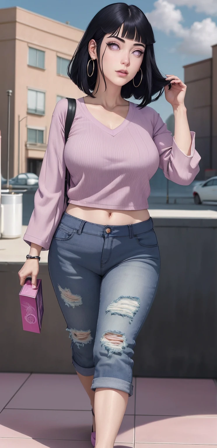 { - anatomy error} (Masterpiece - Ultra-detailed, very high resolution) , absurdos, Hinata\(Boruto\), 1girl, sozinho,Mature female, Capuz roxo,mangas em camadas, jeans, ao ar livre, Cloudy sky, perfect composition, circunstanciado lips, peito grande, beautiful face, body propotion, corar, (pink lips), cabelos pretos curto (black hair), lilac eyes, olhar suave, super realistic, circunstanciado, rosto e corpo realistas, Realistic hair, olhos realistas, nariz realista, realistic lips, with large hoop earrings, anime. Walking on the floor with lilac shoes.