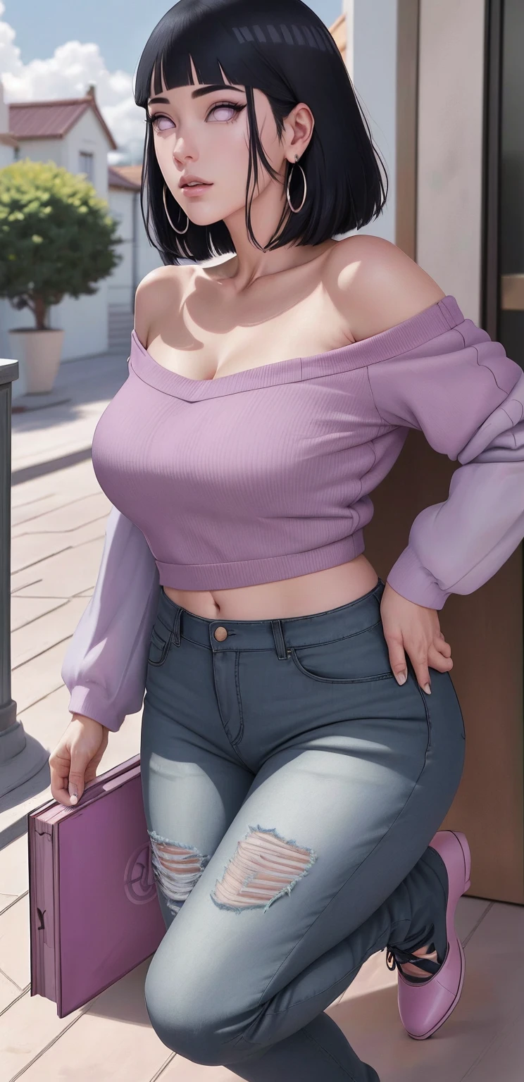 { - anatomy error} (Masterpiece - Ultra-detailed, very high resolution) , absurdos, Hinata\(Boruto\), 1girl, sozinho,Mature female, Capuz roxo,mangas em camadas, jeans, ao ar livre, Cloudy sky, perfect composition, circunstanciado lips, peito grande, beautiful face, body propotion, corar, (pink lips), cabelos pretos curto (black hair), lilac eyes, olhar suave, super realistic, circunstanciado, rosto e corpo realistas, Realistic hair, olhos realistas, nariz realista, realistic lips, with large hoop earrings, anime. Walking on the floor with lilac shoes.