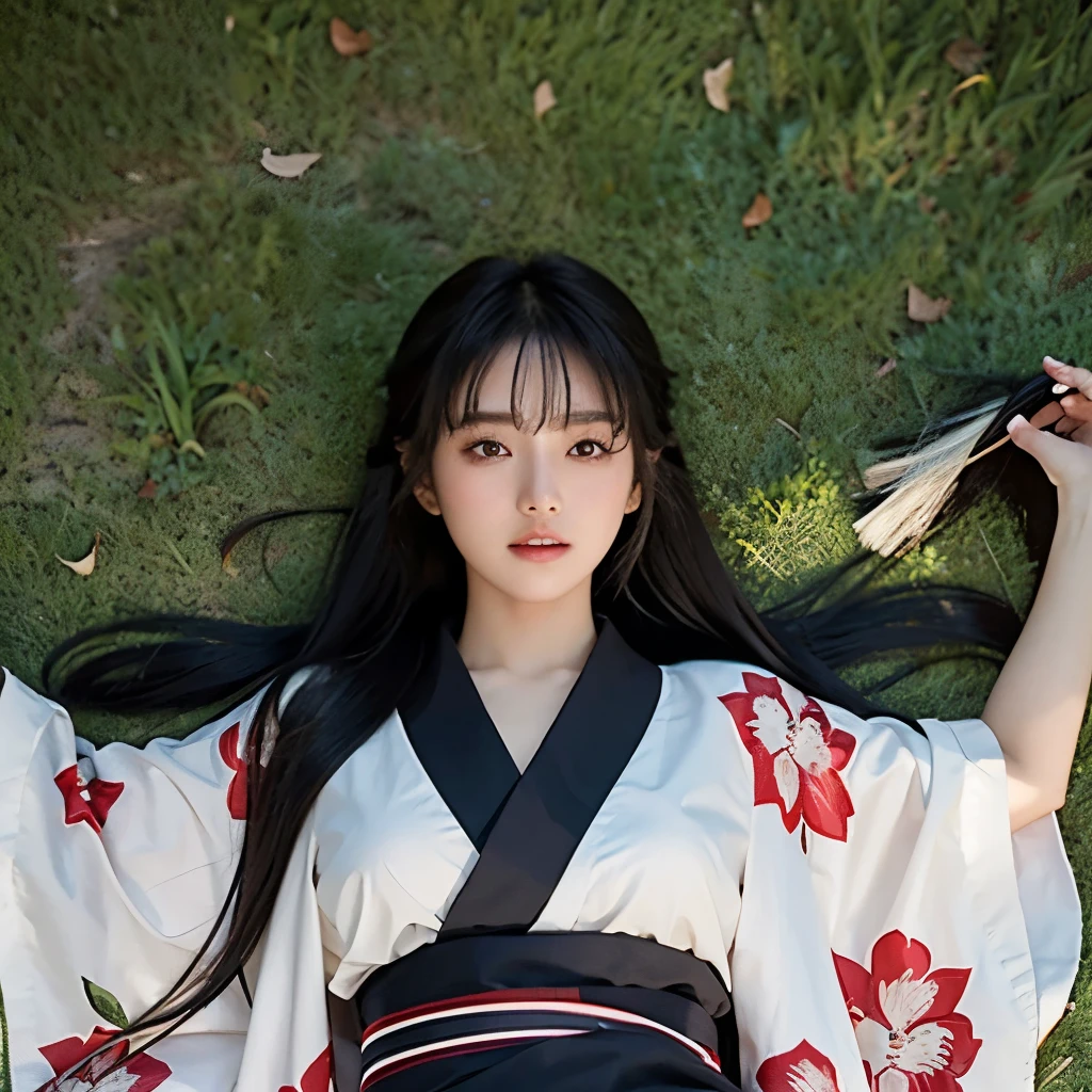 20 years old girl, slim, black long hair, hair loose, bangs on the head, brown eyes, stares straight ahead,medium chest,Perfect breasts, colors kimono, ornament on the kimono, lying on his back on the grass, Head on the grass,top-down perspective,a beautiful picture,