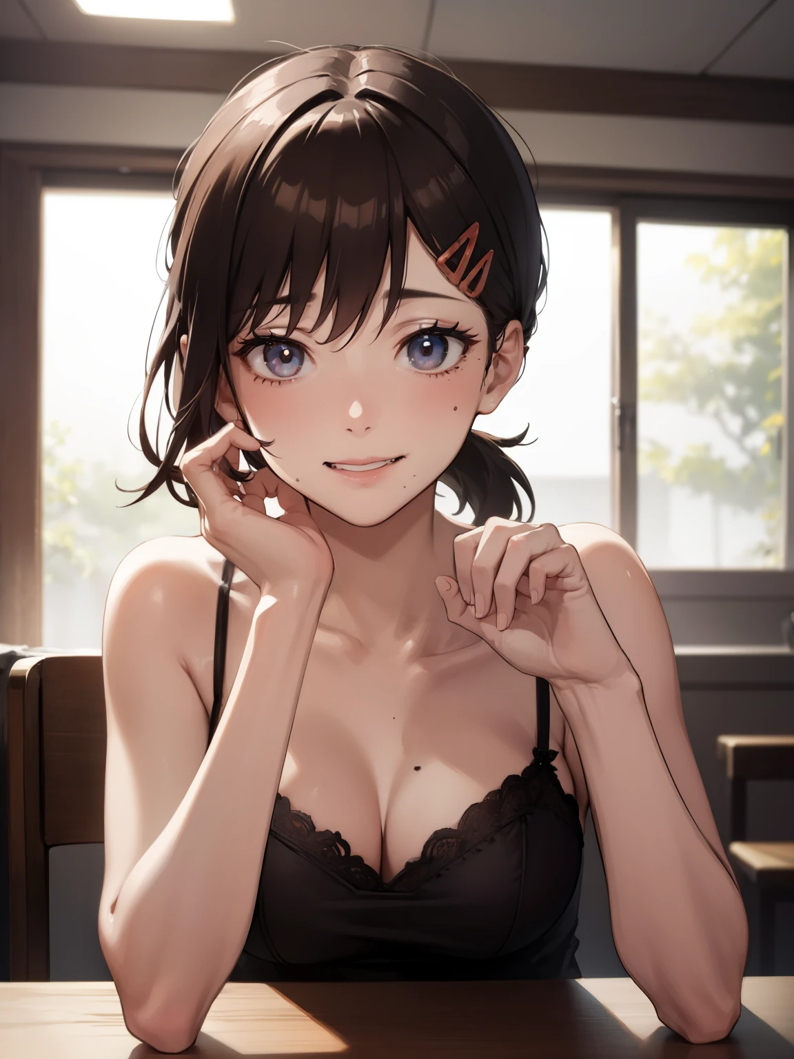 ((solo, 1 girl)), kobenihigashiyama, kobeni higashiyama, black hair, hair ornament, hairclip, mole, mole under eye, ponytail, short hair, (brown eyes:1.5), ((BREAK , camisole )), (smile), attitude, medium breast, medium , cleavage, BREAK looking at viewer, BREAK indoors, ((sitting on table, squished against table)), (((face focus, face closeup, alluring face))), beautiful face, ((hand on chin)) BREAK (masterpiece:1.2), best quality, high resolution, unity 8k wallpaper, (illustration:0.8), (((only upper body, upper body shot))), (beautiful detailed eyes:1.6), extremely detailed face, perfect lighting, extremely detailed CG, ((perfect hands, perfect anatomy)),((hand covering ))