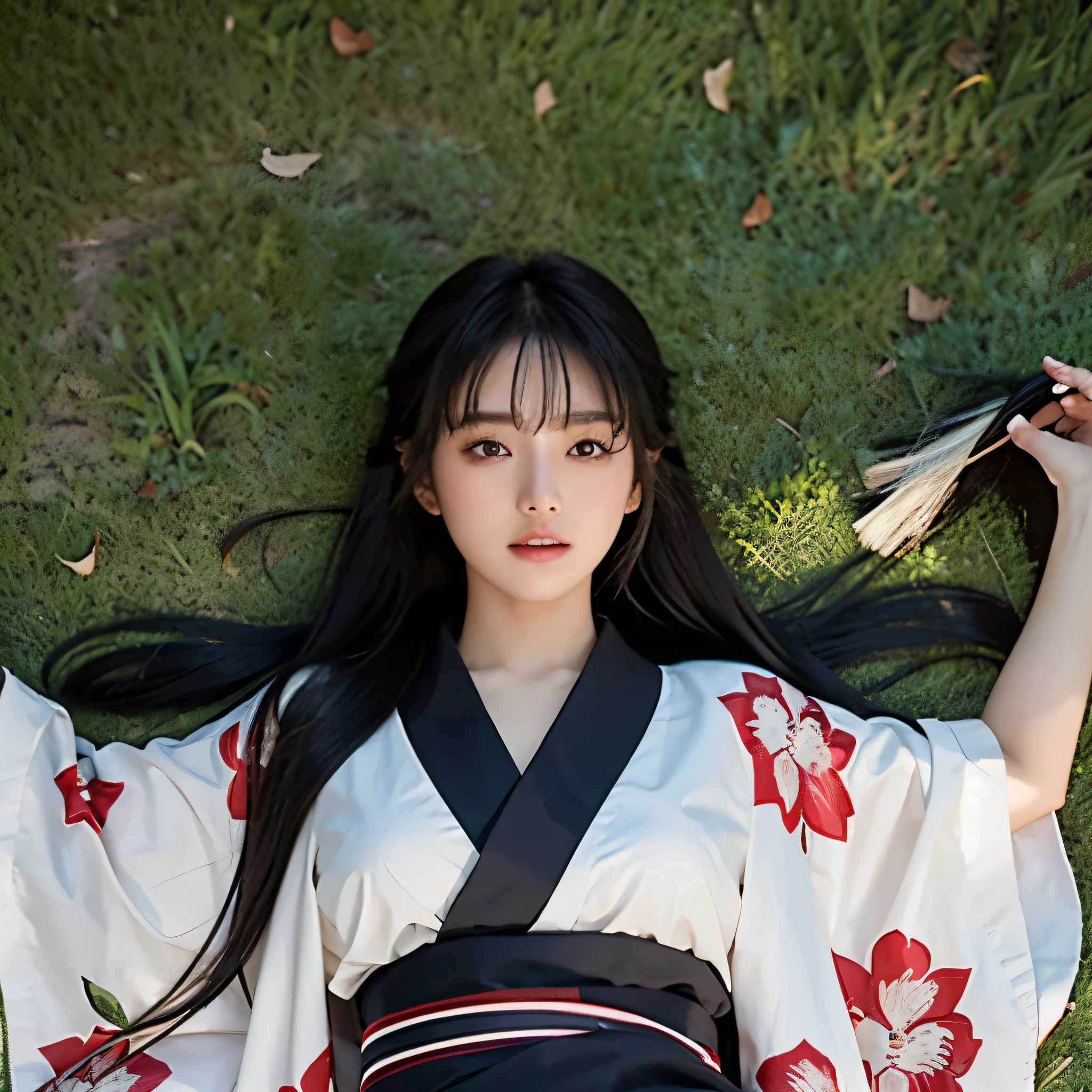 20 year old girl, Slim, black long hair, Hair loose, bangs on the head, Brown eyes, looks straight ahead;,medium breasts,perfect breasts, kimono colors, kimono ornament, lying on his back on the grass, Head on the grass,Top-down perspective,Beautiful picture,