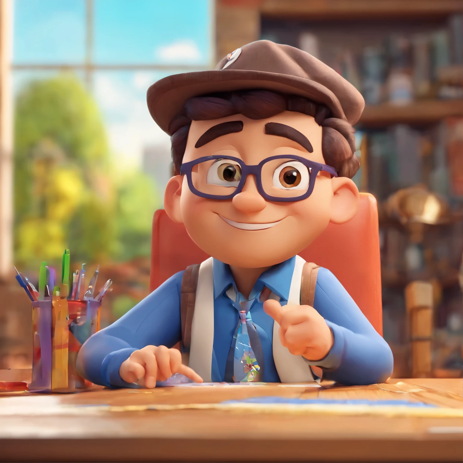 Cartoon character male announcer in a cap sitting at the table, animation character, stylized character, animation style render, 3D stylized, 3D rendering stylized, Cartoon rendering of a key frame, 3D персонаж, 3D персонаж, 3D-рендеринг стилизованный, 3D character rendering, cartoon character, character close up, Character pose, (Pixar Style) (main part:1.2) (hips) (Best quality) (detailed skin) (detailed texture) (8K) (clay) (cinematic lighting) (Sharp Focus