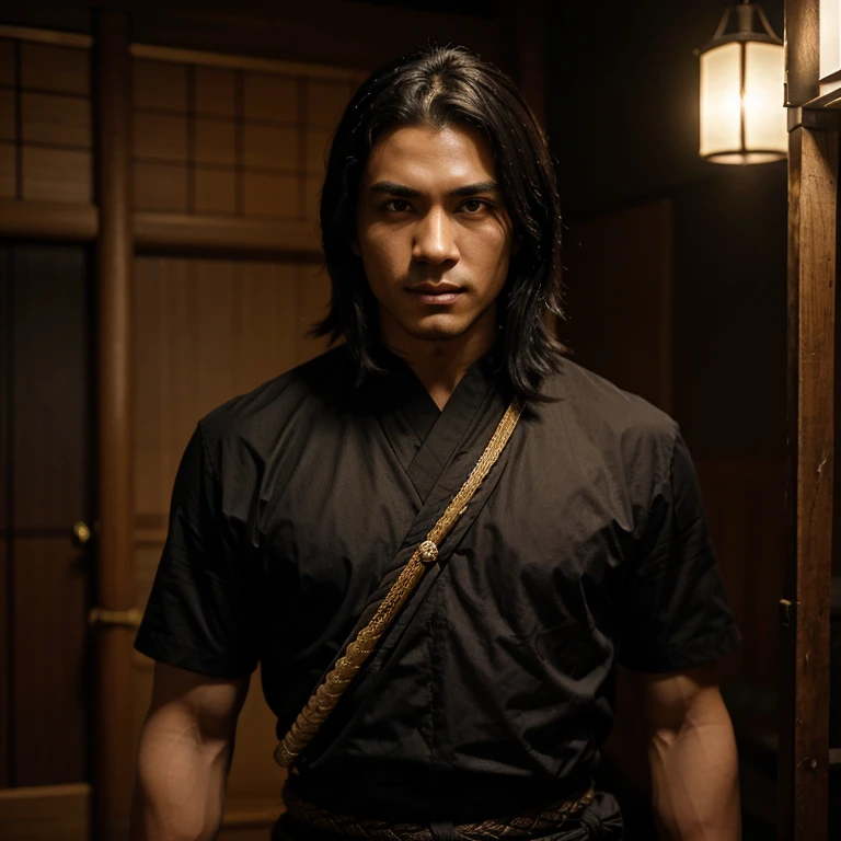 I want to create a male character with a black oriental Asian costume similar to that of the samurai, con un tono oscuro, y que sostiene una katana en su mano derecha con las iniciales KS en ella, that the boy is handsome with light skin, about 23 years old, not so long black hair, that he is not too muscular