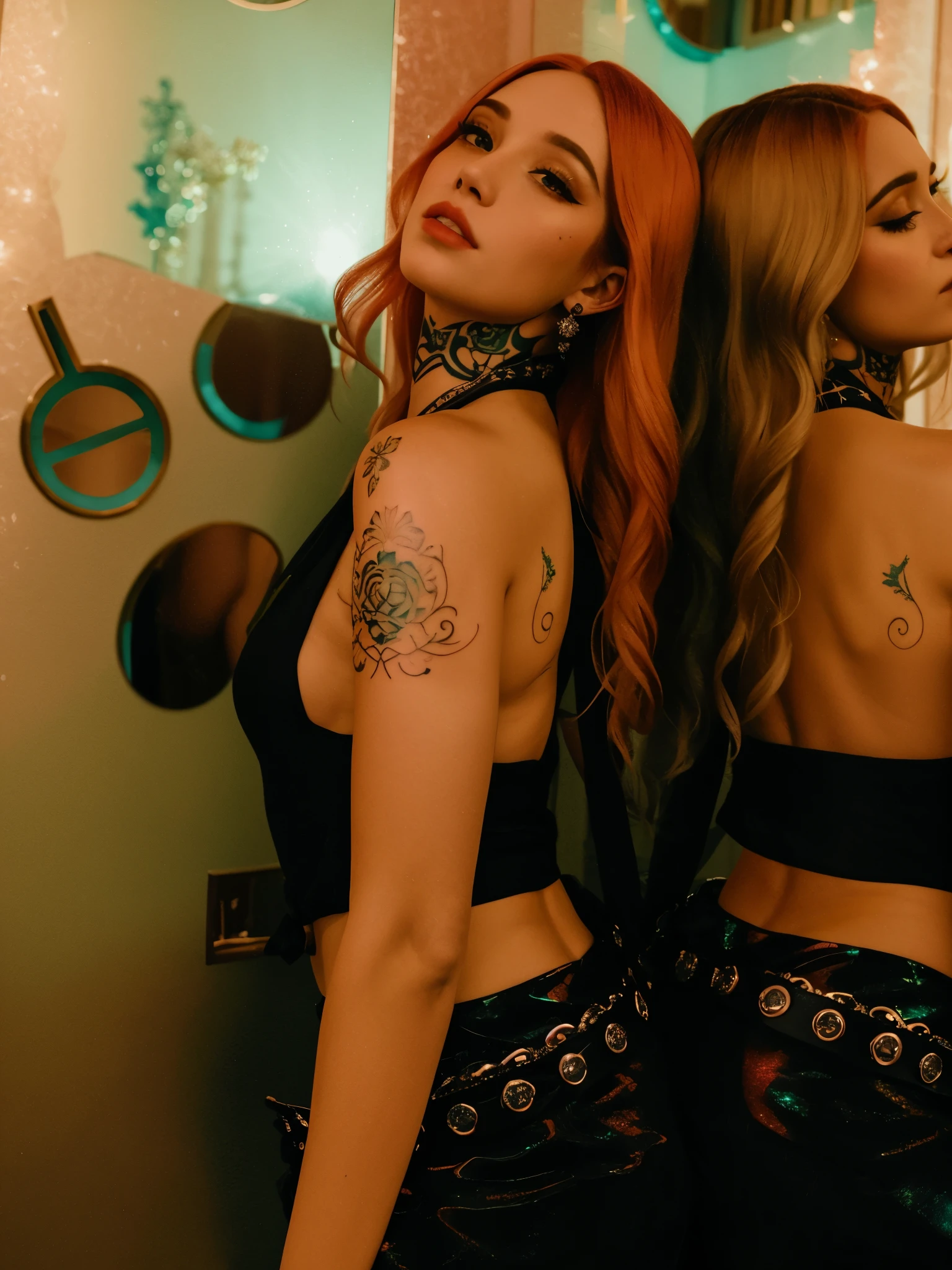 there are two women com tatuagens on their backs standing in front of a mirror, Bela Thorne, com tatuagens, ava max, por Emma Andijewska, inspirado em Elsa Bleda, inspirado em Earle Bergey, tatuado, ellie bamber, her belly button is exposed, Photo of a promotional session, imagem de perfil, por Galen Dara, conjunto de fotos conceitual