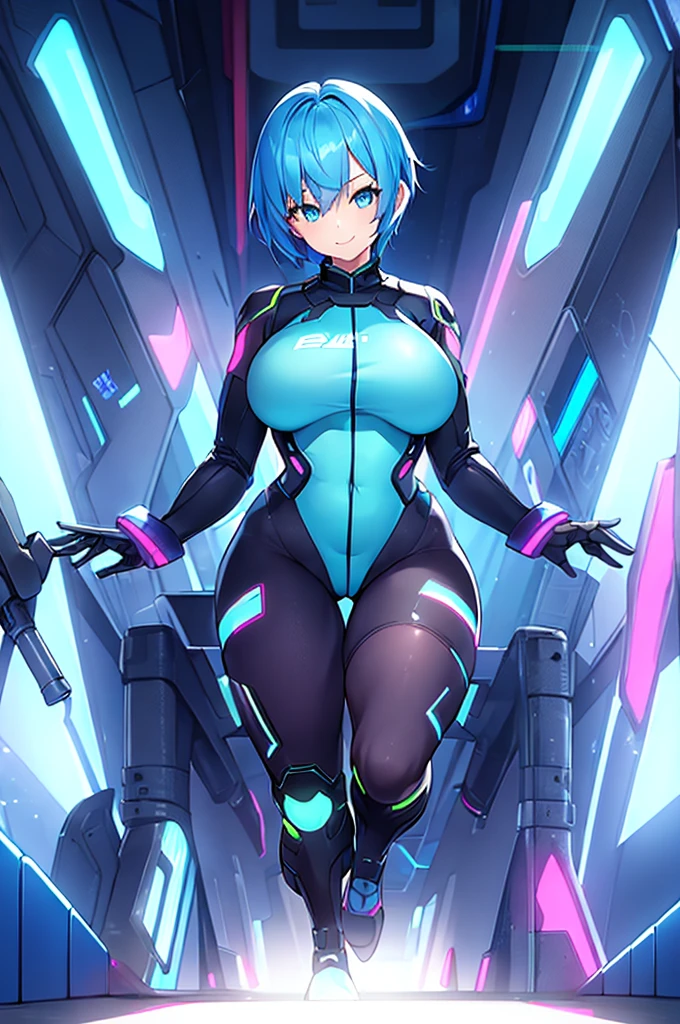 1girl, breasts, large breasts, blue hair, very short hair, pixie cut, bodysuit, black bodysuit, blue trim, science-fiction, futuristic, tech, neon trim, neon, smile, full body, sneakers, shoes, ((full body)), pantyhose