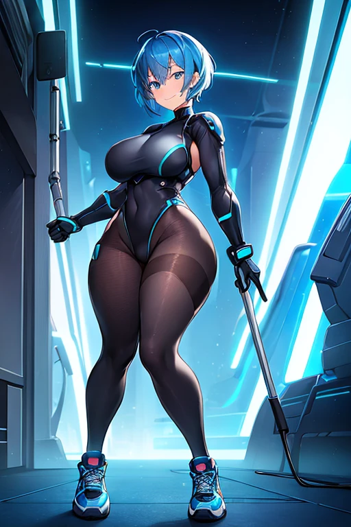 1girl, breasts, large breasts, blue hair, very short hair, pixie cut, bodysuit, black bodysuit, blue trim, science-fiction, futuristic, tech, neon trim, neon, smile, full body, sneakers, shoes, ((full body)), pantyhose