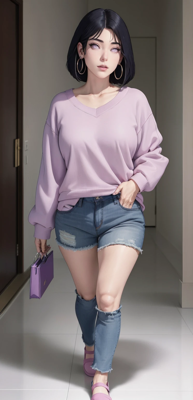 { - anatomy error} (Masterpiece - Ultra-detailed, very high resolution) , absurdos, Hinata\(Boruto\), 1girl, sozinho,Mature female, Capuz roxo,mangas em camadas, jeans, ao ar livre, Cloudy sky, perfect composition, circunstanciado lips, peito grande, beautiful face, body propotion, corar, (pink lips), cabelos pretos curto (black hair), lilac eyes, olhar suave, super realistic, circunstanciado, rosto e corpo realistas, Realistic hair, olhos realistas, nariz realista, realistic lips, with large hoop earrings, anime. Walking on the floor with lilac shoes.