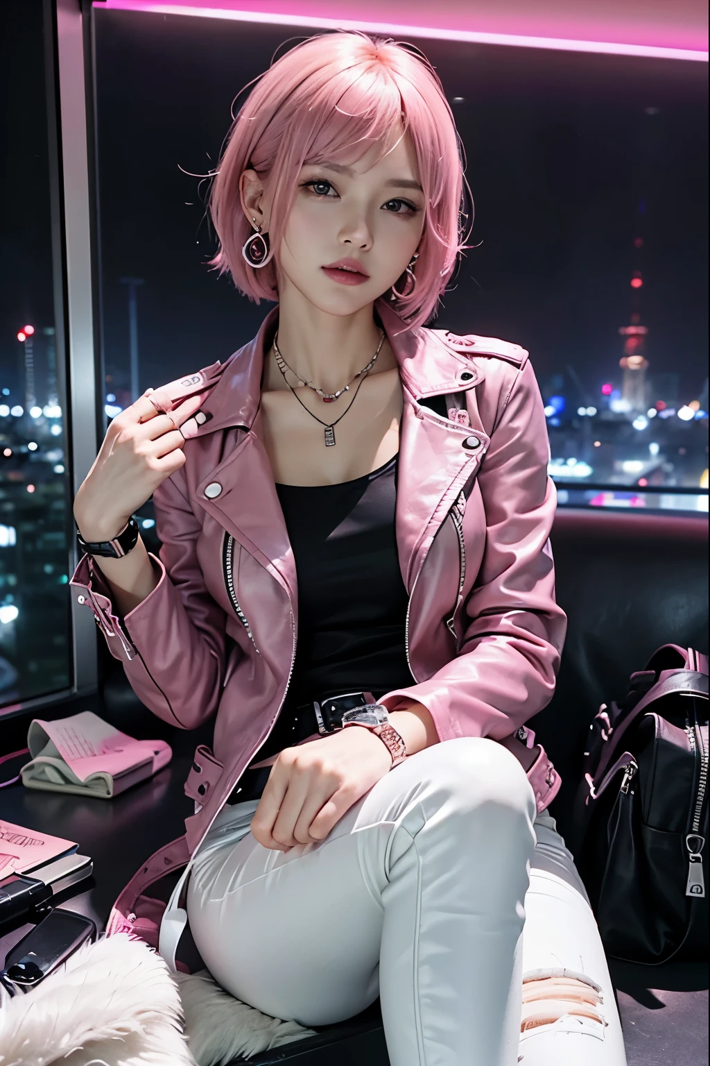 (8K, top-quality, masterpiece:1,2), (reallistic, Photorealsitic:1.37), Super Detail, One girl,), (Highly detailed), (beautifully detailed eyes), (of the highest quality), (super detailed ), (masterpiece), (Detailed face),20yr old, ,1 girl, ((pink hair,Very short hair)), medium breasts, clothed, Perfect Lighting, (spy theme:1.3), (pink leather jacket with gloss:1.4), (white silk blouse with gloss:1.4), (red skinny jeans with gloss:1.4), (tight and smart silhouette:1.3), (functional details:1.2), (black high heel boots:1.2), (earrings:1.2), (necklace:1.2), (watch:1.2), (belt:1.2), BREAK pink very short hair, messy hair, earrings, cool and sexy expression, thin smile, right hand holding gun, left hand looking at watch, watch with laser and bomb functions, gun with smoke, backpack with parachute and wire tools, rooftop of skyscraper, night view, helicopter approaching, helicopter with enemy mark, enemy chasing, moonlight and neon light, light with dark colors, purple and red, mysterious atmosphere, high contrast of light and shadow