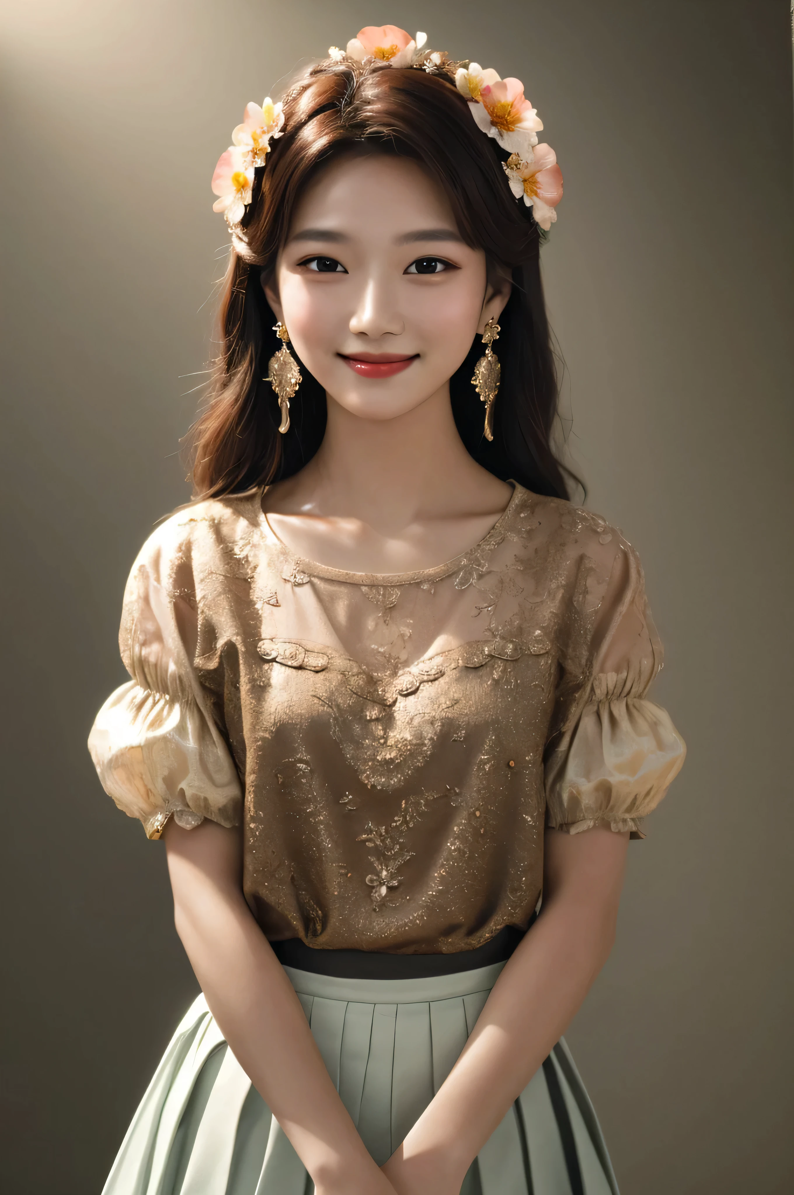 girl cujoami, 1 girl, (Smile), Photography Art, blurred background, brown eyes, brown hair, earrings, flower, hair flower, hair accessories, jewelry, lips, cosmetic, skirt, alone, Beautifully saturated stunning photos, ultra high resolution,(actual:1.4)),deep shadow,(best quality, masterpiece), pale skin, dim, shadow, panicked, blush, Very detailed, ((upper body:0.8)), skinny, BREAK depth of field, film grain, wrinkled skin, looking at the audience, knee, warm Smile, (masterpiece,best quality:1.5) masterpiece,ultra actual,32K,Extremely detailed CG unified 8k wallpaper, best quality, (upper body:1.2)
 