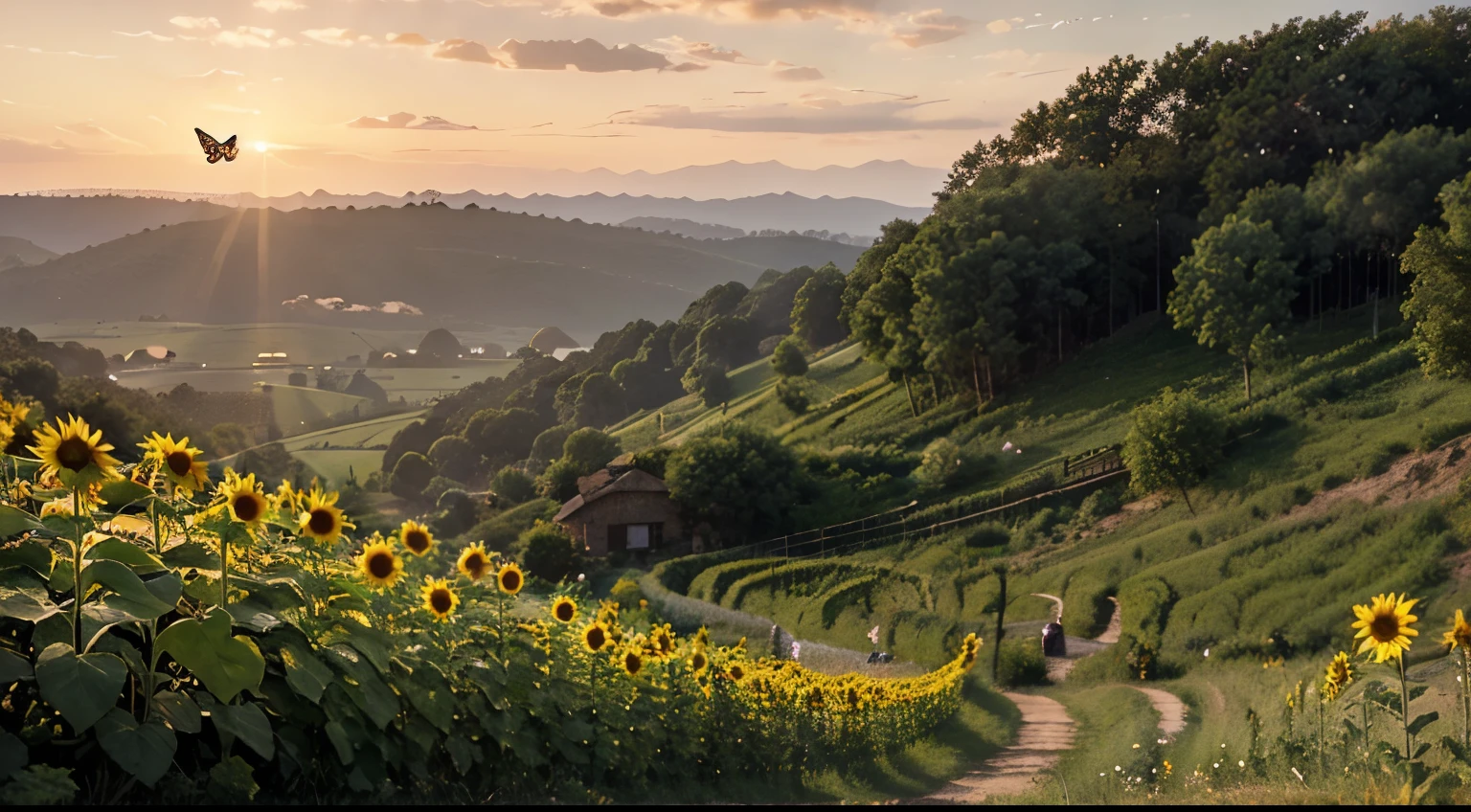 Create pixar style 3d art of a sunflower field with several butterflies on them at sunset