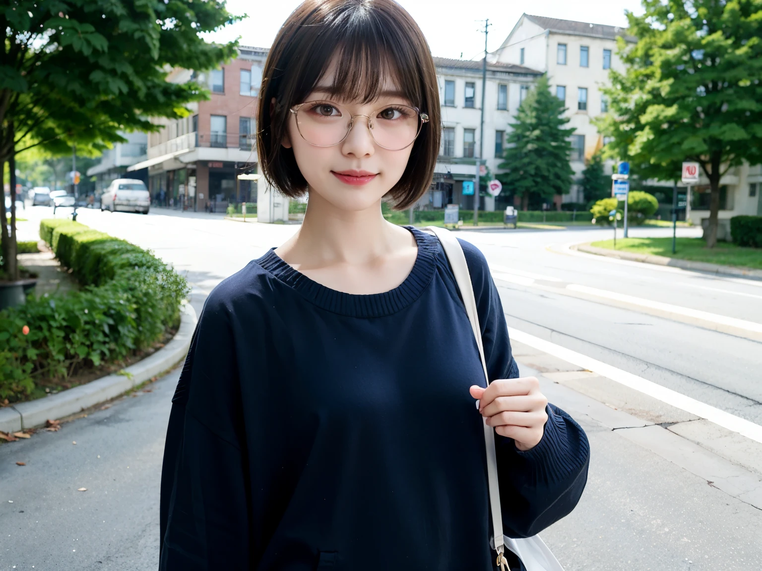 Woman posing on street corner in casual clothes、highest quality、1 girl、small box、Day、bright、blur background、Bokeh、outside the house、(street style:0.8)、woman wearing glasses、thin frame glasses、round lens glasses、thin gold glasses frames、denim jackets,
 open coat:1.1, [sweater:1.5、水色のsweater:1.2、blue clothes:1.5)、luxury(short hair、amount:1.2)、Beautiful sky drawn in detail、(dynamic pose:1.2)、 (Upper body:0.5)、soft lighting、Wind、glowing skin、laughter、