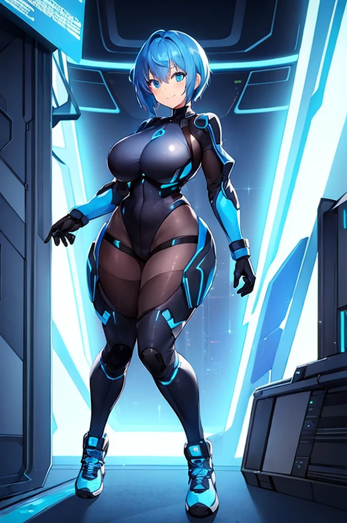 1girl, breasts, large breasts, blue hair, very short hair, pixie cut, bodysuit, black bodysuit, blue trim, science-fiction, futuristic, tech, neon trim, neon, smile, full body, sneakers, shoes, ((full body)), pantyhose