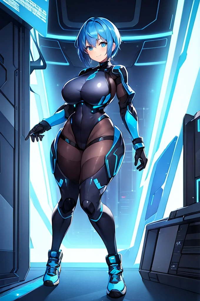 1girl, breasts, large breasts, blue hair, very short hair, pixie cut, bodysuit, black bodysuit, blue trim, science-fiction, futuristic, tech, neon trim, neon, smile, full body, sneakers, shoes, ((full body)), pantyhose