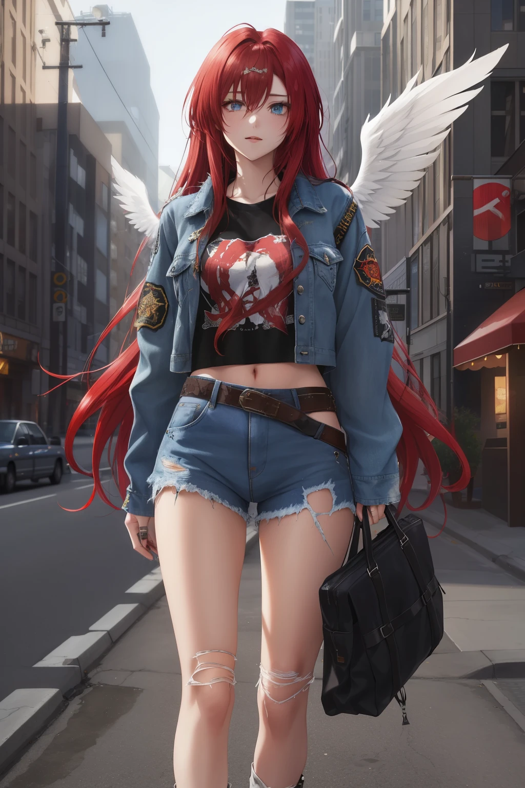 An archangel with long red hair cascading down to her waist and piercing blue eyes dons grunge clothes reminiscent of the 1990s. Her tattered denim jacket, adorned with faded band logos, is thrown over a baggy white t-shirt. The hem of her ripped jeans exposes a pair of black combat boots. Her hair, mussed and wind-swept, shines in contrast against the dimly lit, urban background. The ethereal glow of her wings can be seen subtly peeking from behind her, adding an otherworldly touch to her grunge aesthetic. This digital illustration portrays an intriguing fusion of divine