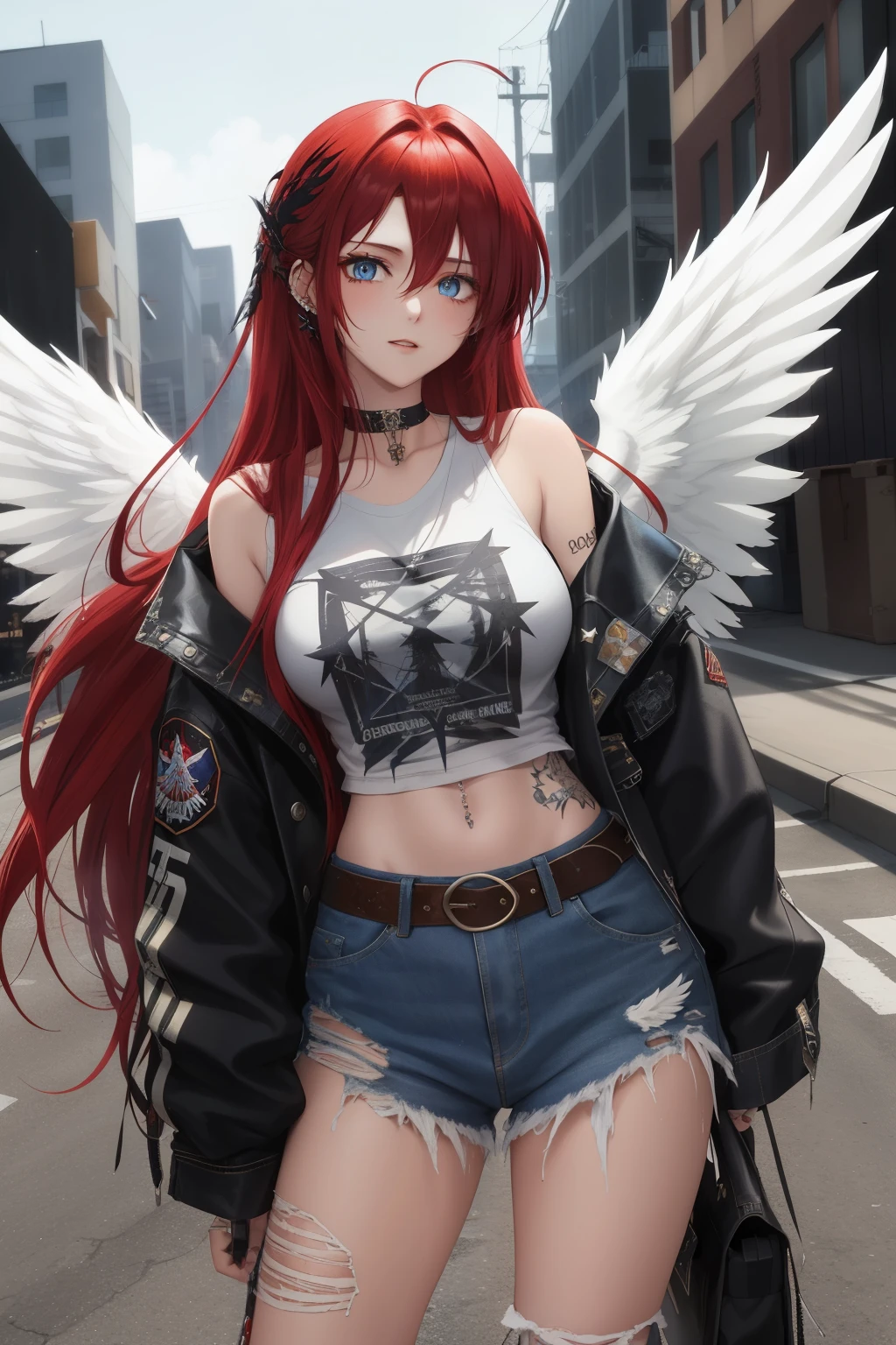An archangel with long red hair cascading down to her waist and piercing blue eyes dons grunge clothes reminiscent of the 1990s. Her tattered denim jacket, adorned with faded band logos, is thrown over a baggy white t-shirt. The hem of her ripped jeans exposes a pair of black combat boots. Her hair, mussed and wind-swept, shines in contrast against the dimly lit, urban background. The ethereal glow of her wings can be seen subtly peeking from behind her, adding an otherworldly touch to her grunge aesthetic. This digital illustration portrays an intriguing fusion of divine