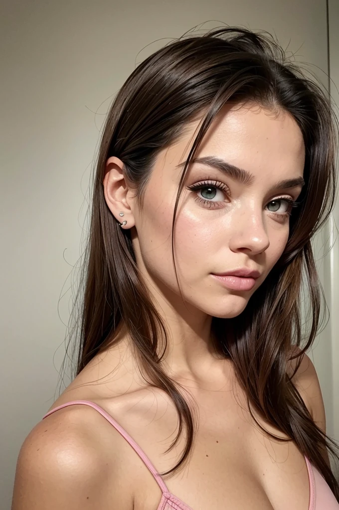 pussy, Belle fille, Marron_eyeeautiful mince adolescente de 18 ans, cheveux color [Brown highlights cheveux], [Pixie undercut] cheveux)), boucles d’oreilles, lèvres, Réaliste, taille étroite, charmant, pink lèvrestick, maquillage coloré, Cils longs, boucles d’oreilles, porter de l’eye-liner, peau claire, (mignon), (face détaillée), Yeux détaillés, Iris détaillé, en nuisette de nuit, pyjama,  {De la tête aux pieds, montrant tout ton corps:1.7}, avec grimace 