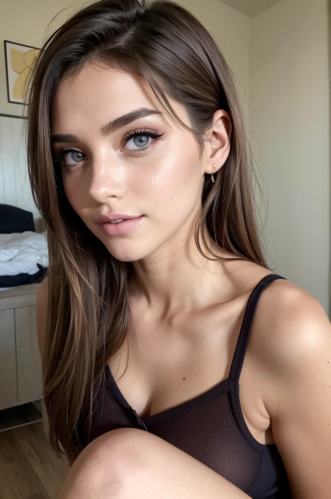 pussy, Belle fille, Marron_eyeeautiful mince adolescente de 18 ans, cheveux color [Brown highlights cheveux], [Pixie undercut] cheveux)), boucles d’oreilles, lèvres, Réaliste, taille étroite, charmant, pink lèvrestick, maquillage coloré, Cils longs, boucles d’oreilles, porter de l’eye-liner, peau claire, (mignon), (face détaillée), Yeux détaillés, Iris détaillé, en nuisette de nuit, pyjama,  {De la tête aux pieds, montrant tout ton corps:1.7}, un sourire
