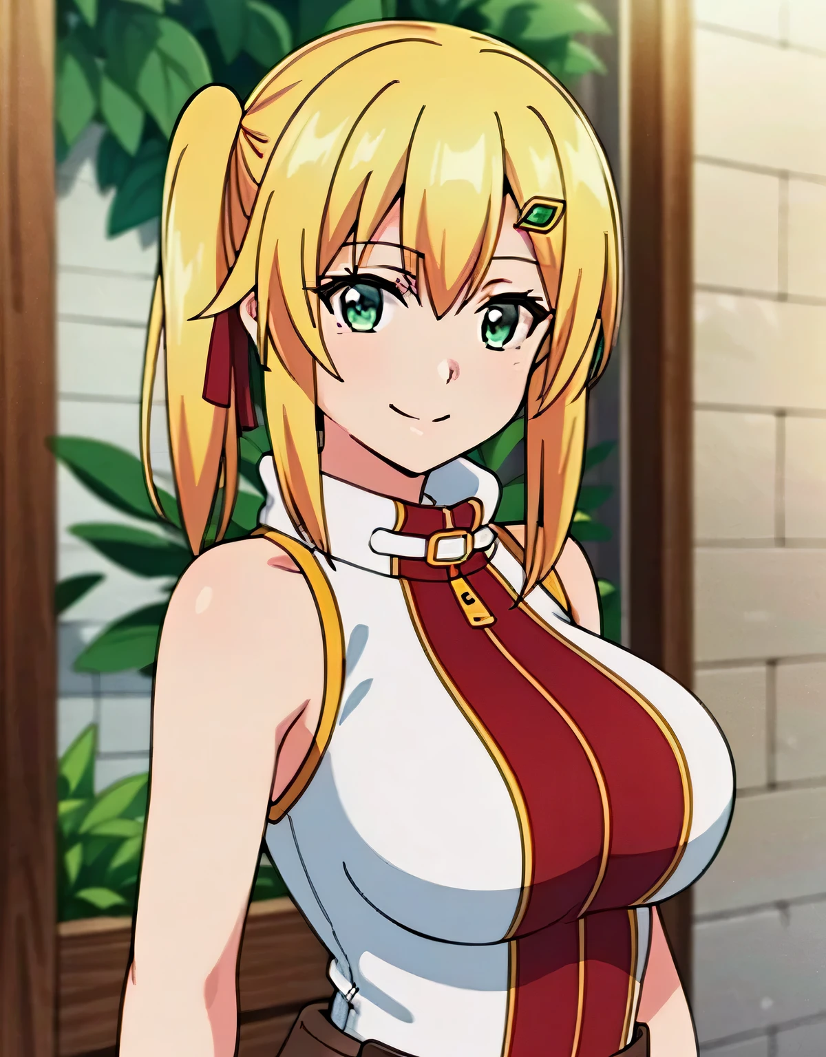 super detailed,emma&#39;s brightness,blonde hair, smile,green eyes,one-sided ponytail, looking at the viewer, hair ornaments,hair ribbon, No sleeve, bare shoulders,(big breasts:1.5),looking at the viewer,Are standing,((masterpiece)),((highest quality)),perfect anatomy,8K UHD,highly detailed face,luster and luster,((1 girl)),((alone)),perfect image,(Upper body:1.1),(look ahead:1.1),turn your arms behind your back,slim waist,(shiny hair),