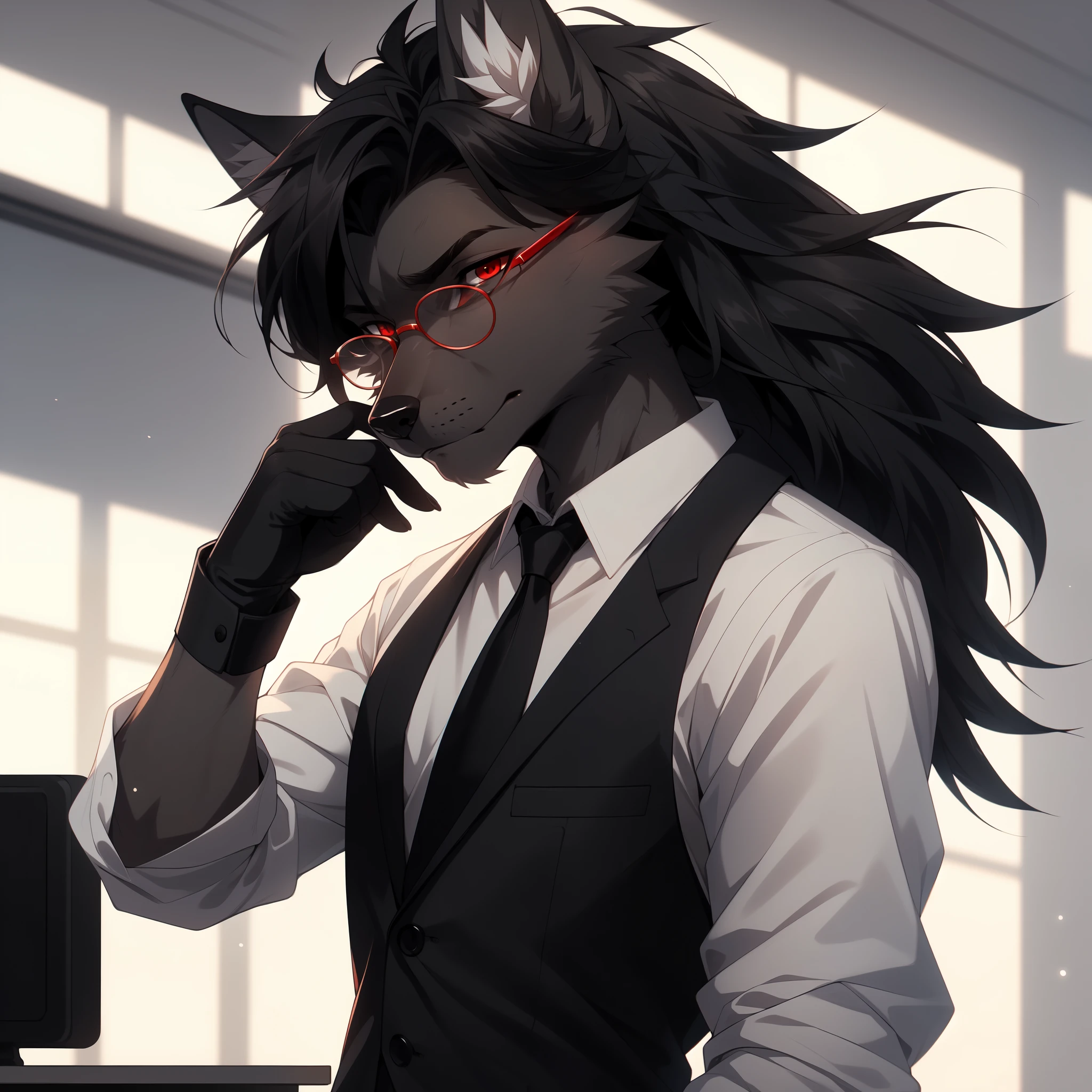 By fumiko, by hyattlen, by hioshiru, Natasha, dark grey wolf, male, tall and slender, red eyes, white sclera, long straightened black hair, black wolf ears, white ear fluff, wearing elegant glasses, black suit, white button up shirt, red tie,black gloves, standing in an elegant classroom, adjusting his glasses, serious face, furrowed eyebrows, close up, close up of face, he is pushing his glasses up with his fingers