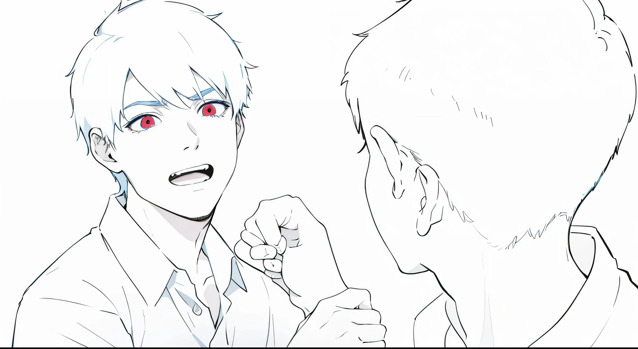 blue shirt red hairred eyes white hair boy is surprised with his hand stopping the fist of the other young man