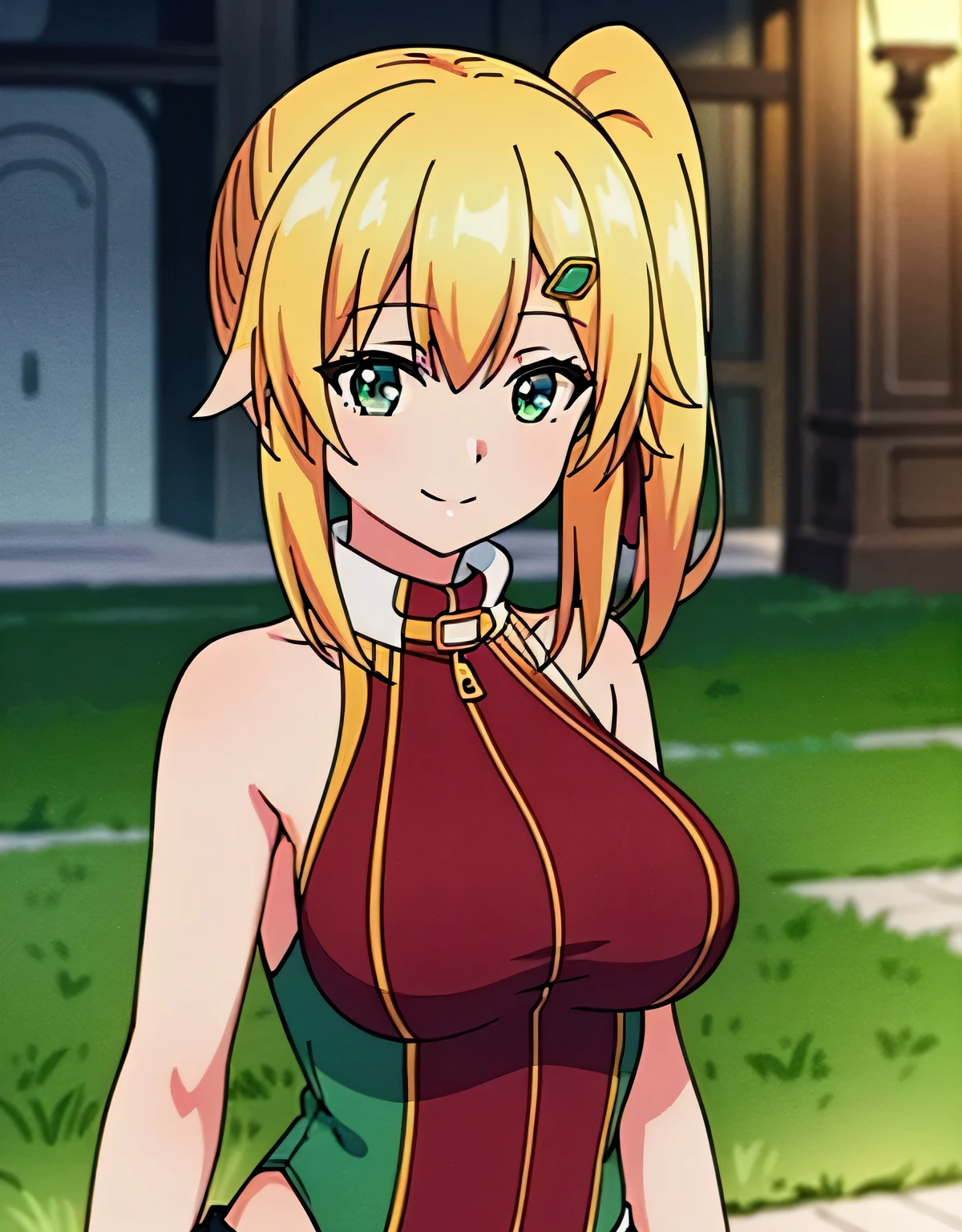 super detailed,emma&#39;s brightness,blonde hair, smile,green eyes,one-sided ponytail, looking at the viewer, hair ornaments,hair ribbon, No sleeve, bare shoulders,(big breasts:1.5),looking at the viewer,Are standing,((masterpiece)),((highest quality)),perfect anatomy,8K UHD,highly detailed face,luster and luster,((1 girl)),((alone)),perfect image,(Upper body:1.1),(look ahead:1.1),turn your arms behind your back,slim waist,(shiny hair),