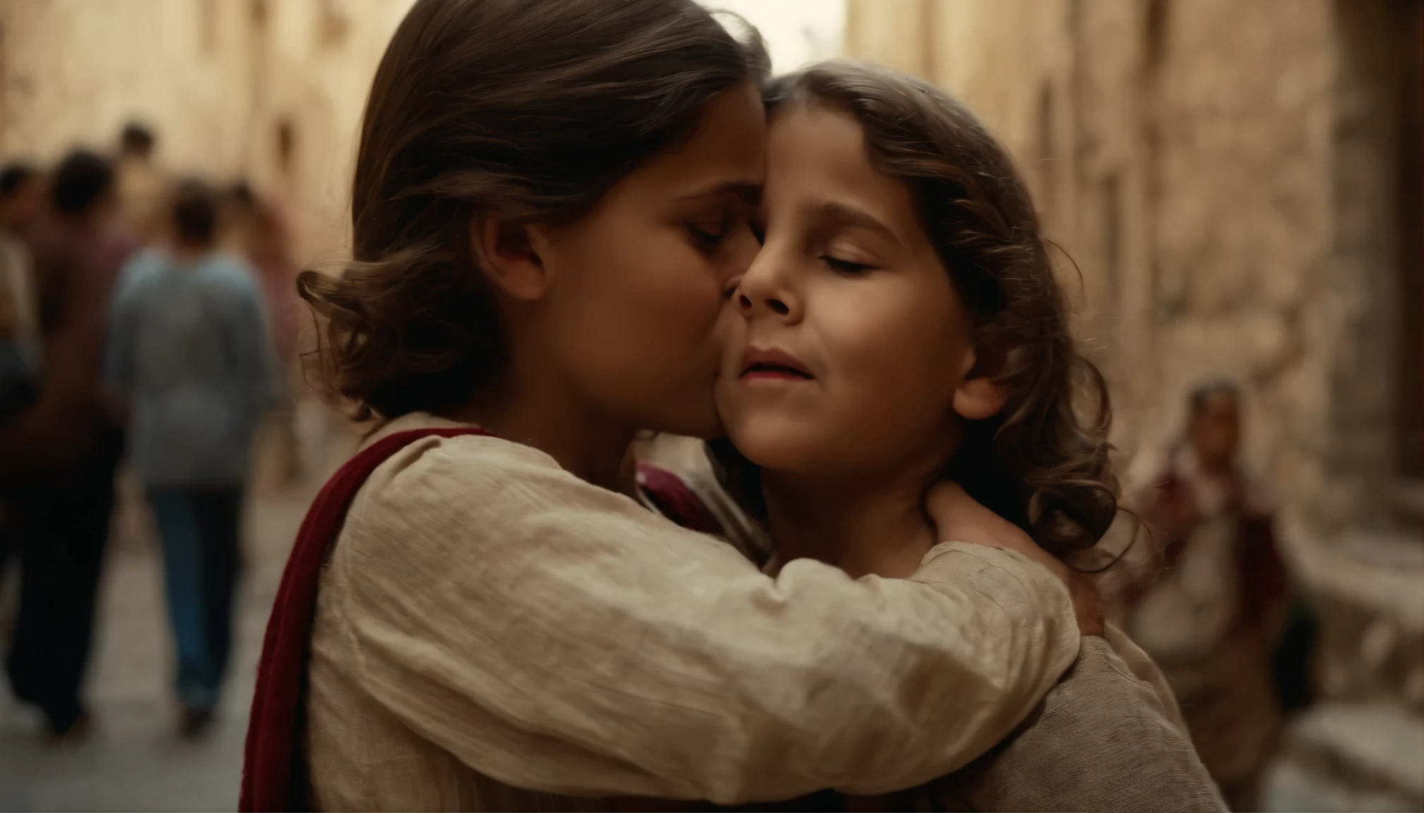 6 Jesus being kissed by his mother, on the streets of Jerusalem
