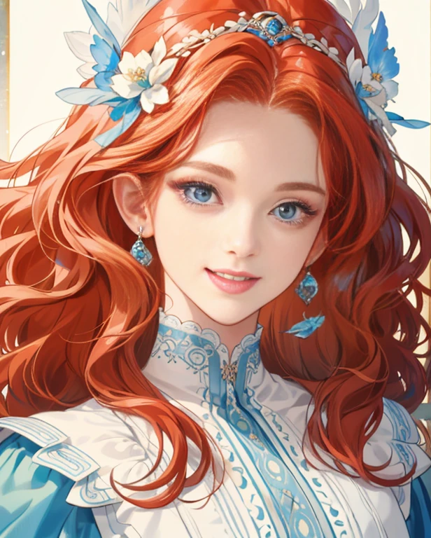 (extremely delicate and beautiful:1.2), 8k,(masterpiece:1.0),(best_quality:1.0), 1girl, mature woman, complex details, enlarged textures, complex details, finely detailed eyes and detailed face, intricate details, long redhead wavy hair, smile face, perfect eyes (blue eyes), equal eyes, sharp look, (goddess)