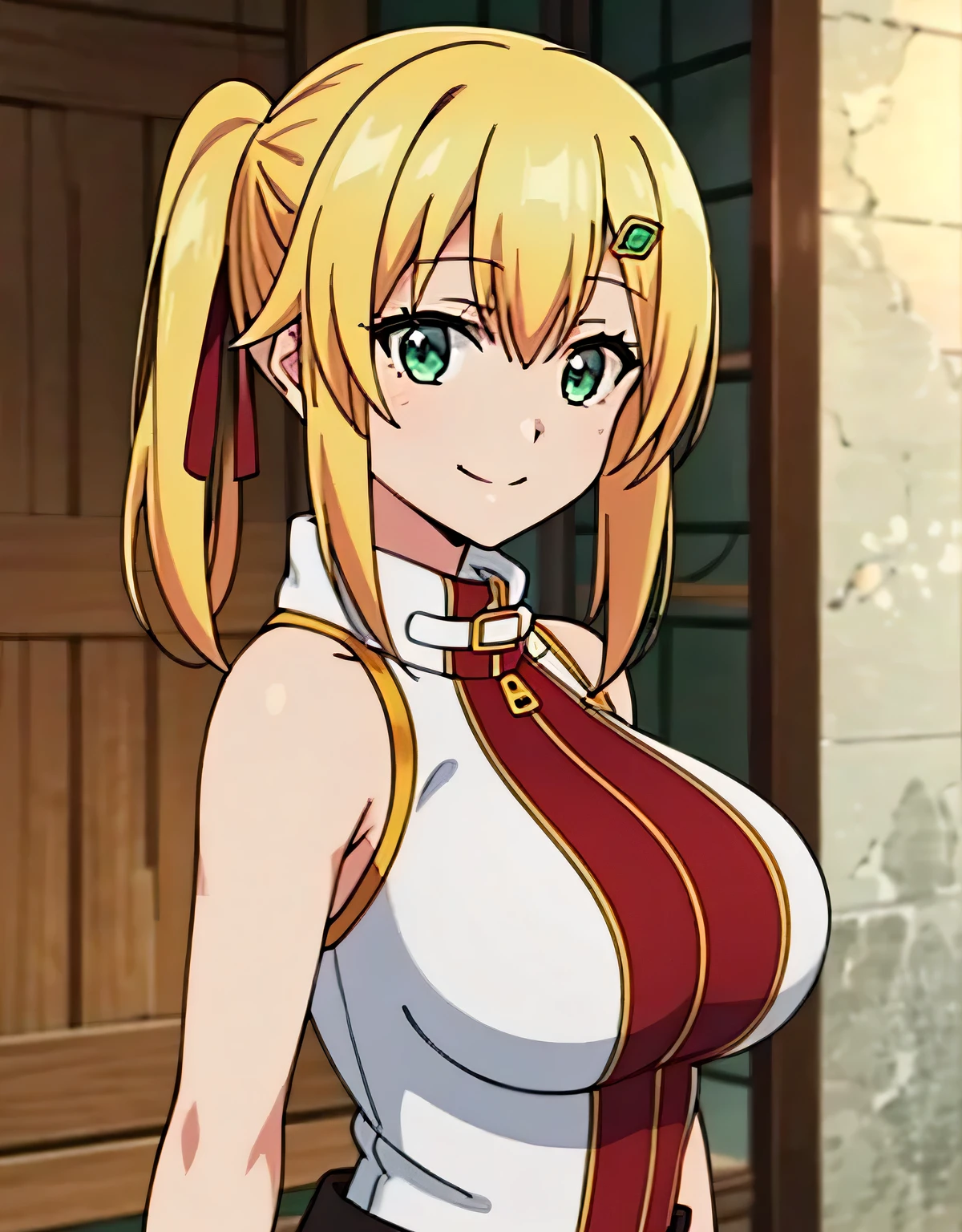 super detailed,emma&#39;s brightness,blonde hair, smile,green eyes,one-sided ponytail, looking at the viewer, hair ornaments,hair ribbon, No sleeve, bare shoulders,(big breasts:1.5),looking at the viewer,Are standing,((masterpiece)),((highest quality)),perfect anatomy,8K UHD,highly detailed face,luster and luster,((1 girl)),((alone)),perfect image,(Upper body:1.1),(look ahead:1.1),turn your arms behind your back,slim waist,(shiny hair),