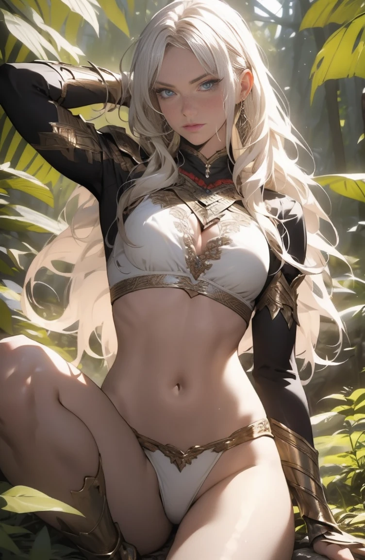 ((Valkiria)), Beautiful blond Nordic woman with long curly and voluminous full-body hair, 30 anos, corpo musculoso e perfeito, ((de costas)), guerreira medieval com pouca roupa, Tiny floss, metal bra with tips, tatuagem tribal, arm covered by metal armor, seios grandes, decote generoso, segurando um machado manchada de sangue, Face da Brava, reino sombrio, Pose sexy, caminhando em uma floresta