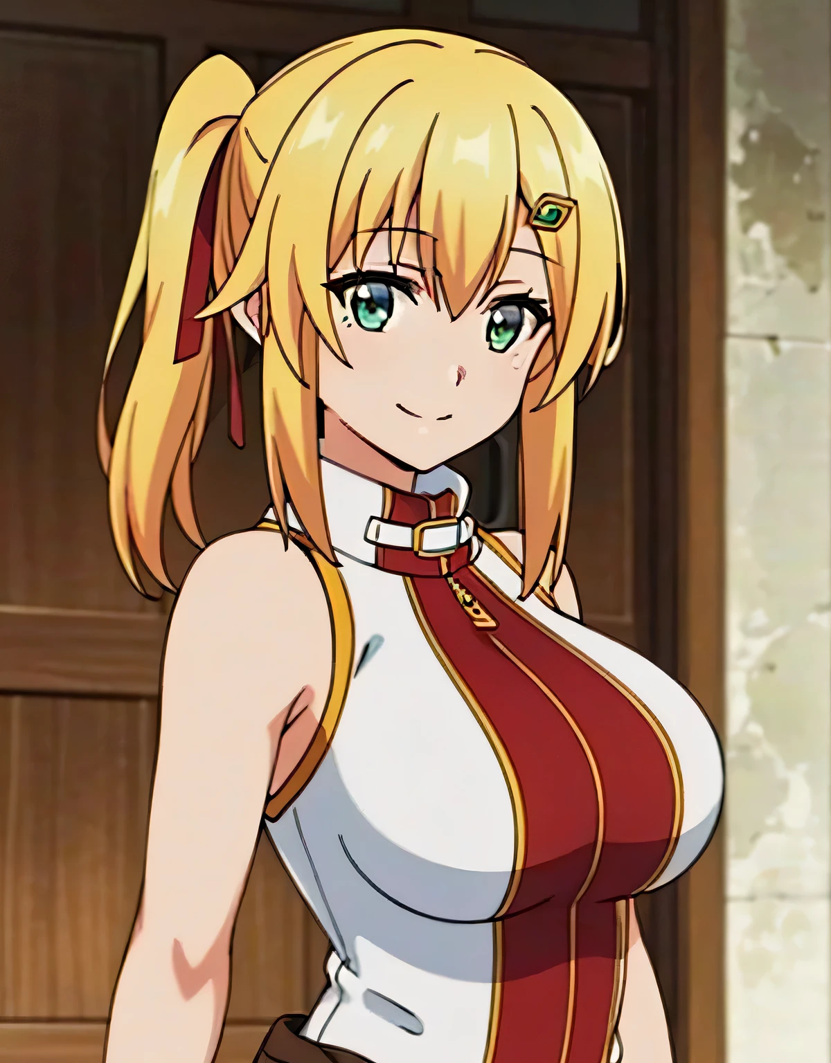 super detailed,emma&#39;s brightness,blonde hair, smile,green eyes,one-sided ponytail, looking at the viewer, hair ornaments,hair ribbon, No sleeve, bare shoulders,(big breasts:1.5),looking at the viewer,Are standing,((masterpiece)),((highest quality)),perfect anatomy,8K UHD,highly detailed face,luster and luster,((1 girl)),((alone)),perfect image,(Upper body:1.1),(look ahead:1.1),turn your arms behind your back,slim waist,(shiny hair),