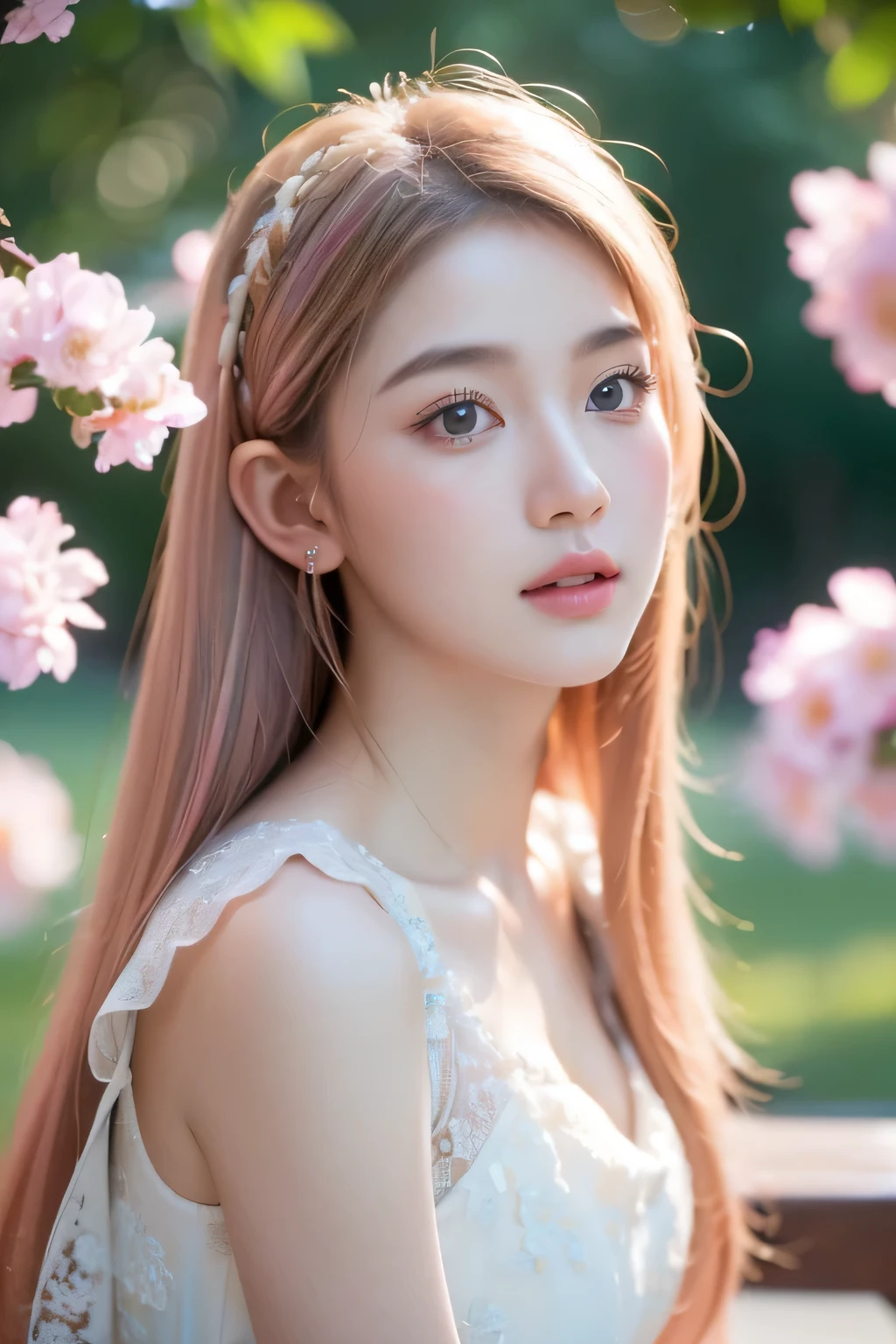 (melhor qualidade,4k,8k,high resolution,obra de arte:1.2),ultra-detalhado,(realista,photorealista,photo-realista:1.37),HDR,Ultra HD,studio lighting,cores vivas,Bokeh,retratos Uma garota com cabelo rosa, youthful appearance, olhos rosa, elven ears, beautiful detailed face and lips, usando um vestido branco, sentado em um banco em um parque cheio de flores. The girl exudes a sense of tranquility and elegance. The park is bathed in heat, soft lighting, criando uma atmosfera vibrante e sonhadora. The colors are vivid, with a touch of subtle pastel tones, enhancing the magical and whimsical feel of the scene. The focus is sharp, capturing every delicate detail of the girl's features and the flowers surrounding her. The overall image is of the highest quality and resolution, parecendo um retrato magistral.