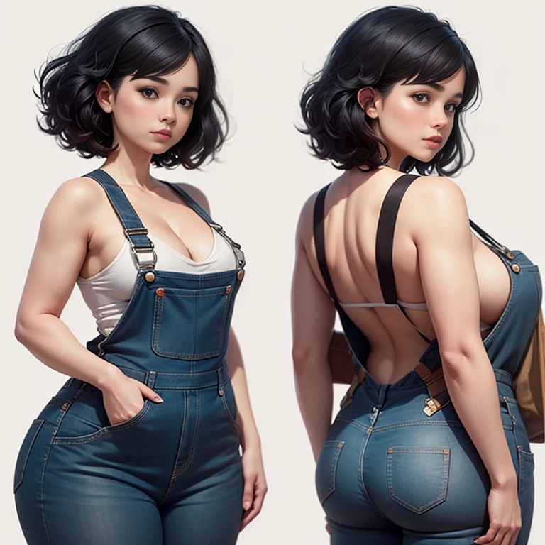 (character design sheet, same character, front, side, back), 1 voluptuous woman, short black hair, hairstyle pixie, eyes, environment change scene, Female, wearing overalls "without shirt", uncovered shoulders, (simple background, white background: 1.3), illustration, ((masterpiece)), (((best quality))), UHD, highres, 8k, best quality, high details, anatomically correct