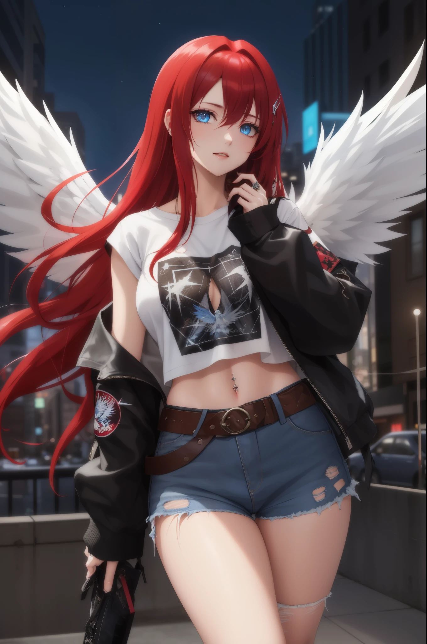 An archangel with long red hair cascading down to her waist and piercing blue eyes dons grunge clothes reminiscent of the 1990s. Her tattered denim jacket, adorned with faded band logos, is thrown over a baggy white t-shirt. The hem of her ripped jeans exposes a pair of black combat boots. Her hair, mussed and wind-swept, shines in contrast against the dimly lit, urban background. The ethereal glow of her wings can be seen subtly peeking from behind her, adding an otherworldly touch to her grunge aesthetic. This digital illustration portrays an intriguing fusion of divine